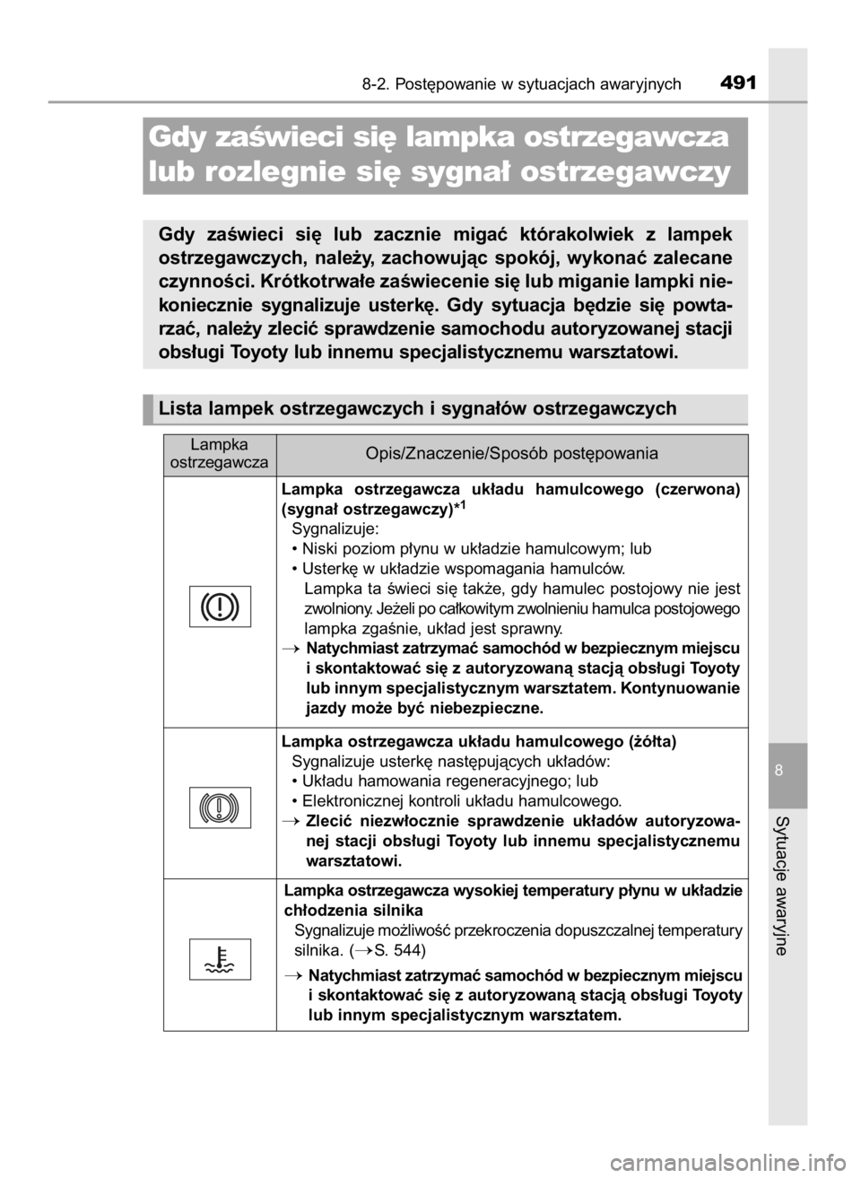 TOYOTA AURIS HYBRID 2016  Instrukcja obsługi (in Polish) 8-2. Post´powanie w sytuacjach awaryjnych491
8
Sytuacje awaryjne
Gdy zaÊwieci si´ lampka ostrzegawcza
lub rozlegnie si´ sygna∏ ostrzegawczy
Gdy  zaÊwieci  si´  lub  zacznie  migaç  którakolw