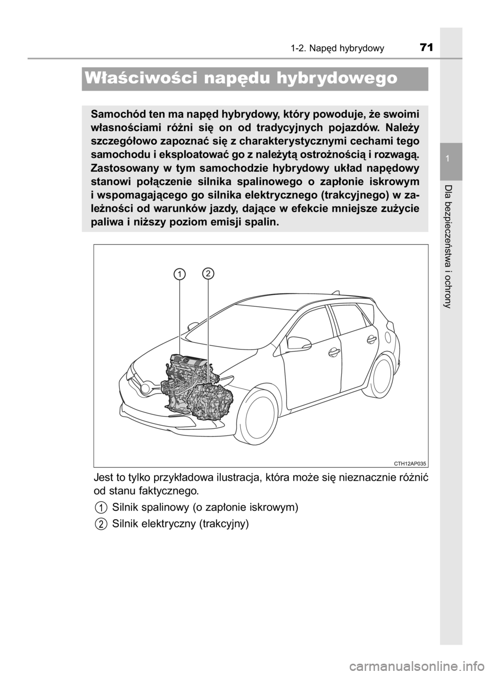 TOYOTA AURIS HYBRID 2016  Instrukcja obsługi (in Polish) Jest to tylko przyk∏adowa ilustracja, która mo˝e si´ nieznacznie ró˝niç
od stanu faktycznego.
Silnik spalinowy (o zap∏onie iskrowym)
Silnik elektryczny (trakcyjny)
1-2. Nap´d hybrydowy71
1
