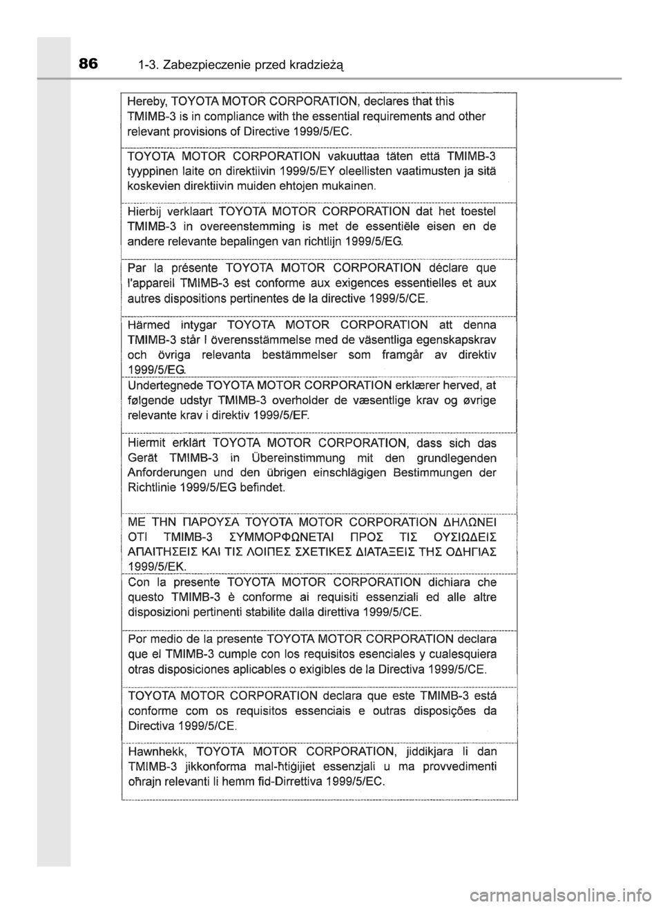 TOYOTA AURIS HYBRID 2016  Instrukcja obsługi (in Polish) 861-3. Zabezpieczenie przed kradzie˝à
13 AURIS HV OM12K47E  26/4/16  11:02  Page 86    (Black plate) 