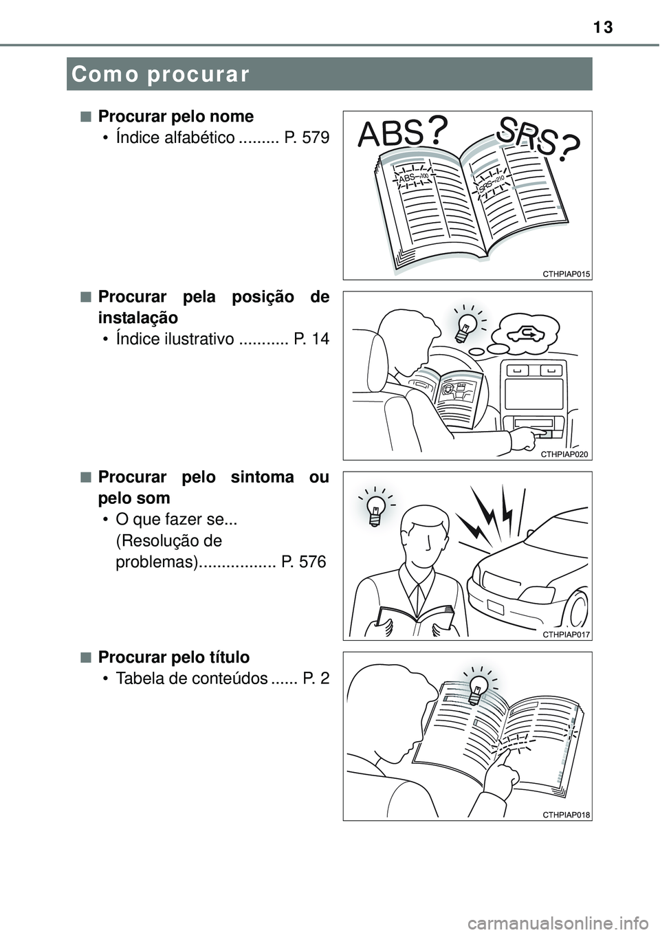 TOYOTA AURIS HYBRID 2016 Manual de utilização (in Portuguese) 13
nProcurar pelo nome
• Índice alfabético ......... P. 579
nProcurar pela posição de
instalação
• Índice ilustrativo ........... P. 14
nProcurar pelo sintoma ou
pelo som
• O que fazer se TOYOTA AURIS HYBRID 2016 Manual de utilização (in Portuguese) 13
nProcurar pelo nome
• Índice alfabético ......... P. 579
nProcurar pela posição de
instalação
• Índice ilustrativo ........... P. 14
nProcurar pelo sintoma ou
pelo som
• O que fazer se