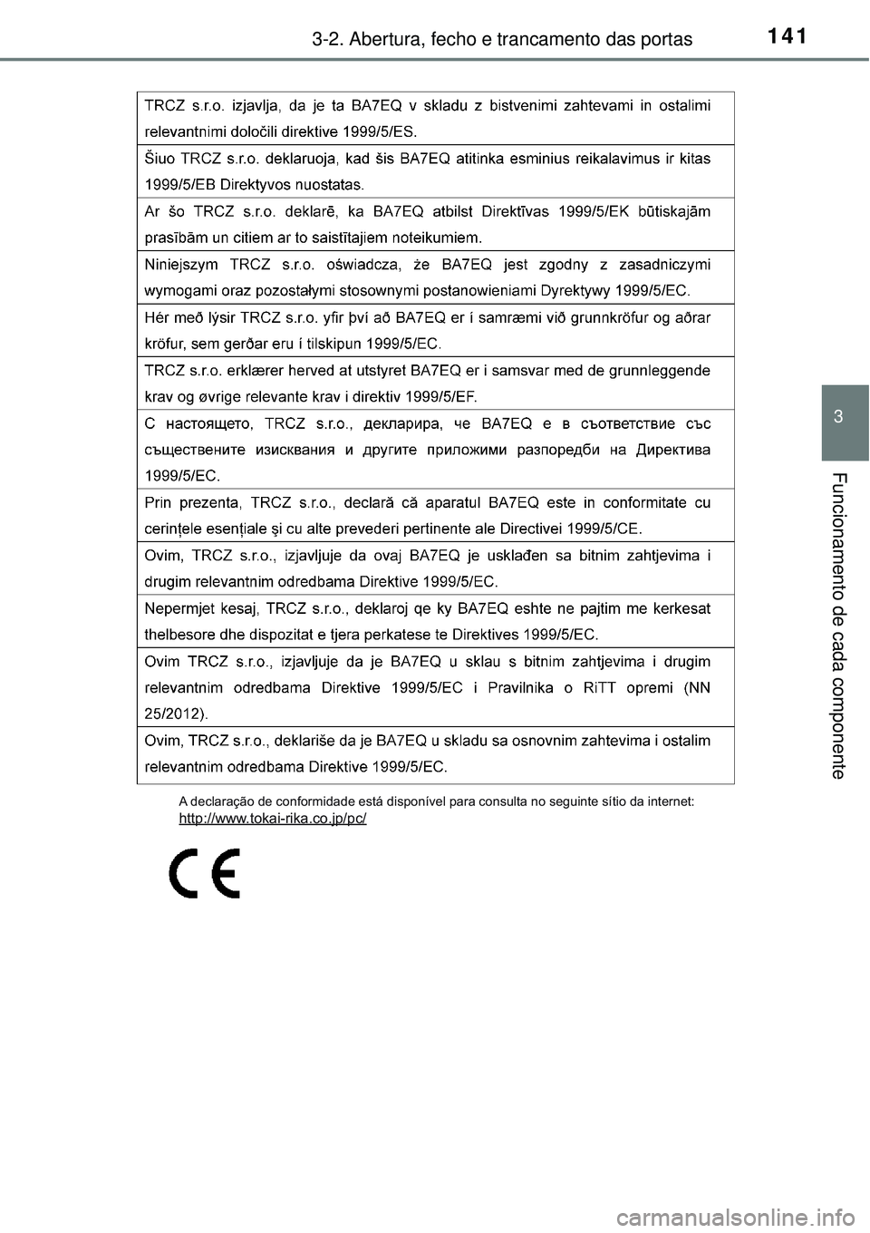 TOYOTA AURIS HYBRID 2016  Manual de utilização (in Portuguese) 1413-2. Abertura, fecho e trancamento das portas
3
Funcionamento de cada componente
A declaração de conformidade está disponível para consulta no seguinte sítio da internet:http://www.tokai-rika.