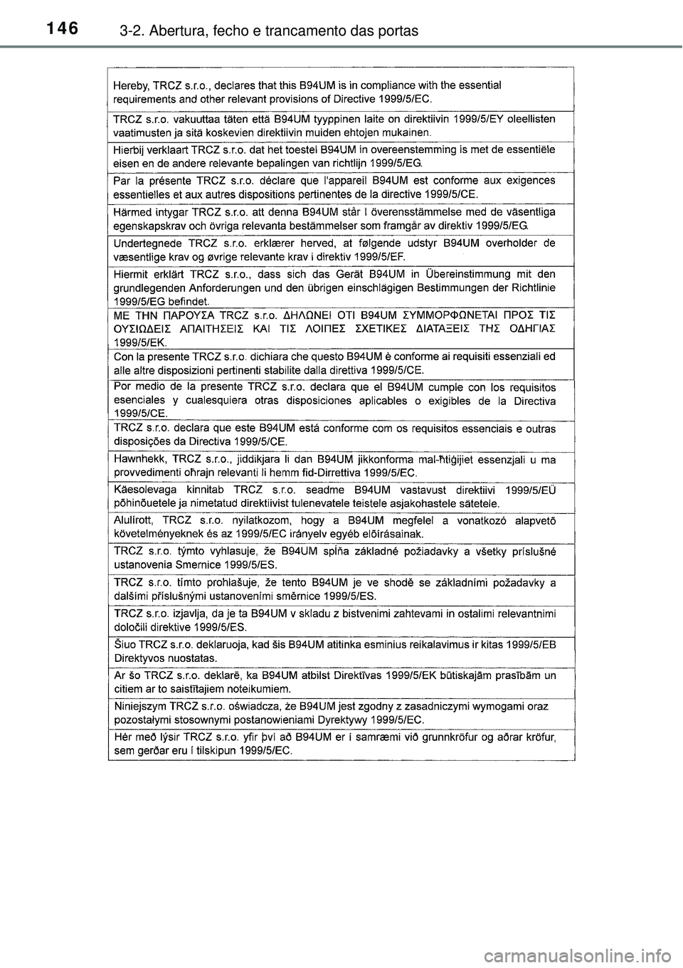 TOYOTA AURIS HYBRID 2016  Manual de utilização (in Portuguese) 1463-2. Abertura, fecho e trancamento das portas 