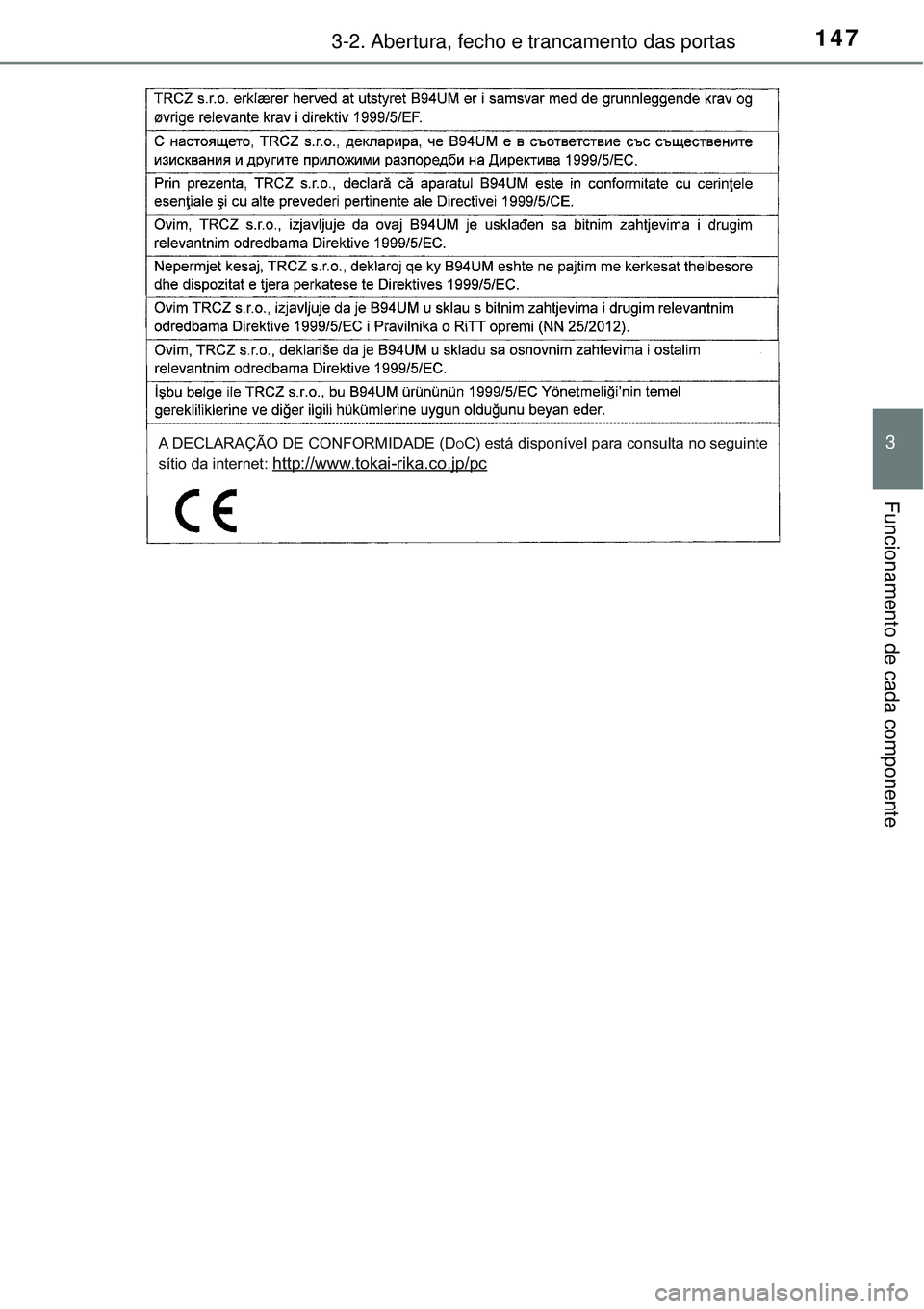TOYOTA AURIS HYBRID 2016  Manual de utilização (in Portuguese) 1473-2. Abertura, fecho e trancamento das portas
3
Funcionamento de cada componente
A DECLARAÇÃO DE CONFORMIDADE (DOC) está disponível para consulta no seguinte
sítio da internet: http://www.toka