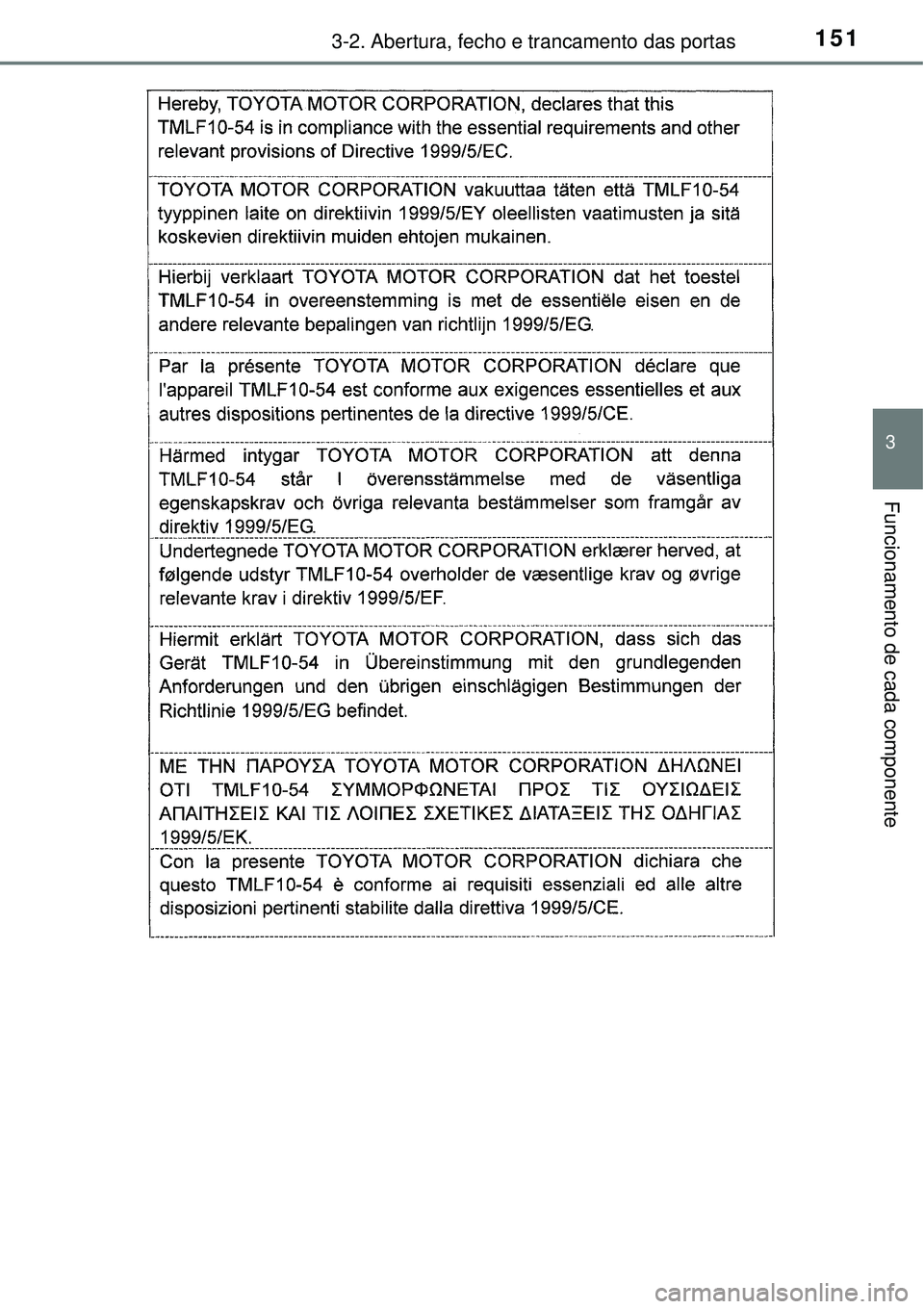 TOYOTA AURIS HYBRID 2016  Manual de utilização (in Portuguese) 1513-2. Abertura, fecho e trancamento das portas
3
Funcionamento de cada componente 