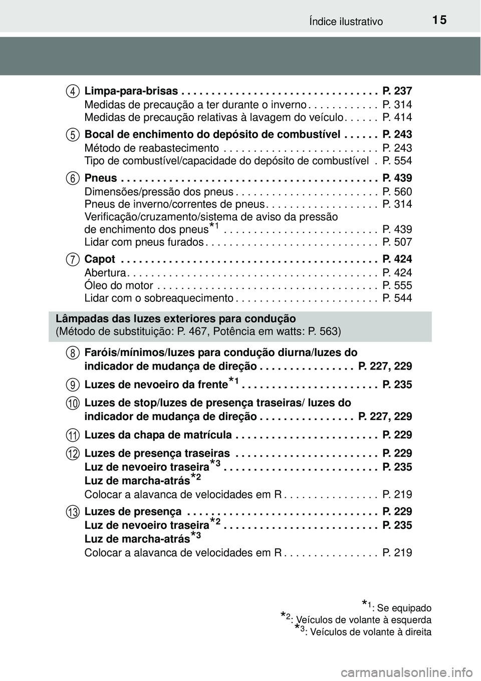 TOYOTA AURIS HYBRID 2016 Manual de utilização (in Portuguese) 15Índice ilustrativo
Limpa-para-brisas . . . . . . . . . . . . . . . . . . . . . . . . . . . . . . . . . P. 237
Medidas de precaução a ter durante o inverno . . . . . . . . . . . . P. 314
Medidas TOYOTA AURIS HYBRID 2016 Manual de utilização (in Portuguese) 15Índice ilustrativo
Limpa-para-brisas . . . . . . . . . . . . . . . . . . . . . . . . . . . . . . . . . P. 237
Medidas de precaução a ter durante o inverno . . . . . . . . . . . . P. 314
Medidas