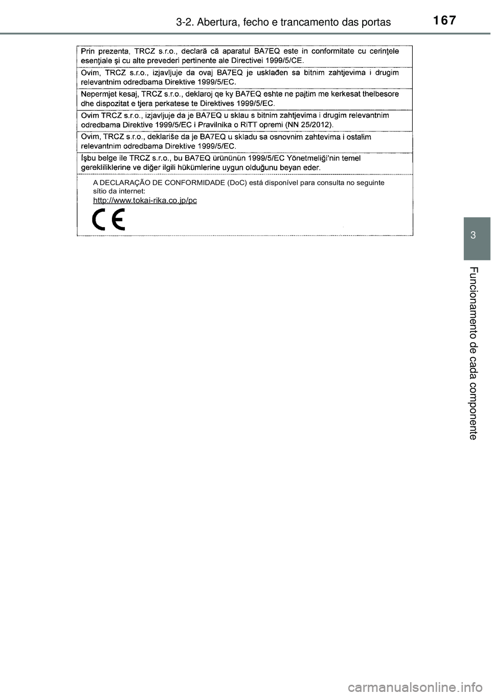 TOYOTA AURIS HYBRID 2016  Manual de utilização (in Portuguese) 1673-2. Abertura, fecho e trancamento das portas
3
Funcionamento de cada componente
A DECLARAÇÃO DE CONFORMIDADE (DoC) está disponível para consulta no seguinte 
sítio da internet:
http://www.tok