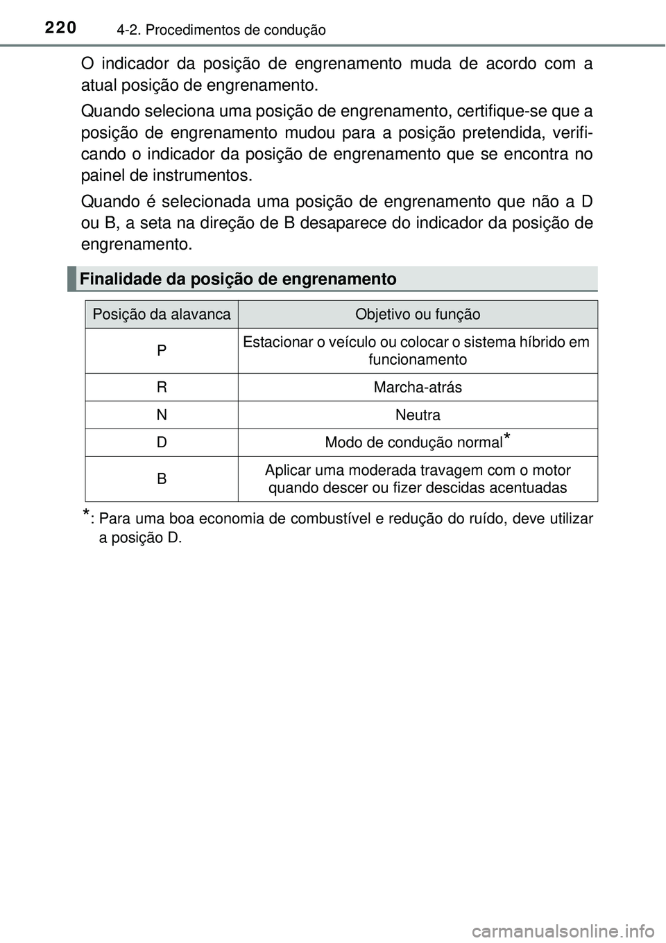 TOYOTA AURIS HYBRID 2016  Manual de utilização (in Portuguese) 2204-2. Procedimentos de condução
O indicador da posição de engrenamento muda de acordo com a
atual posição de engrenamento.
Quando seleciona uma posição de engrenamento, certifique-se que a
p