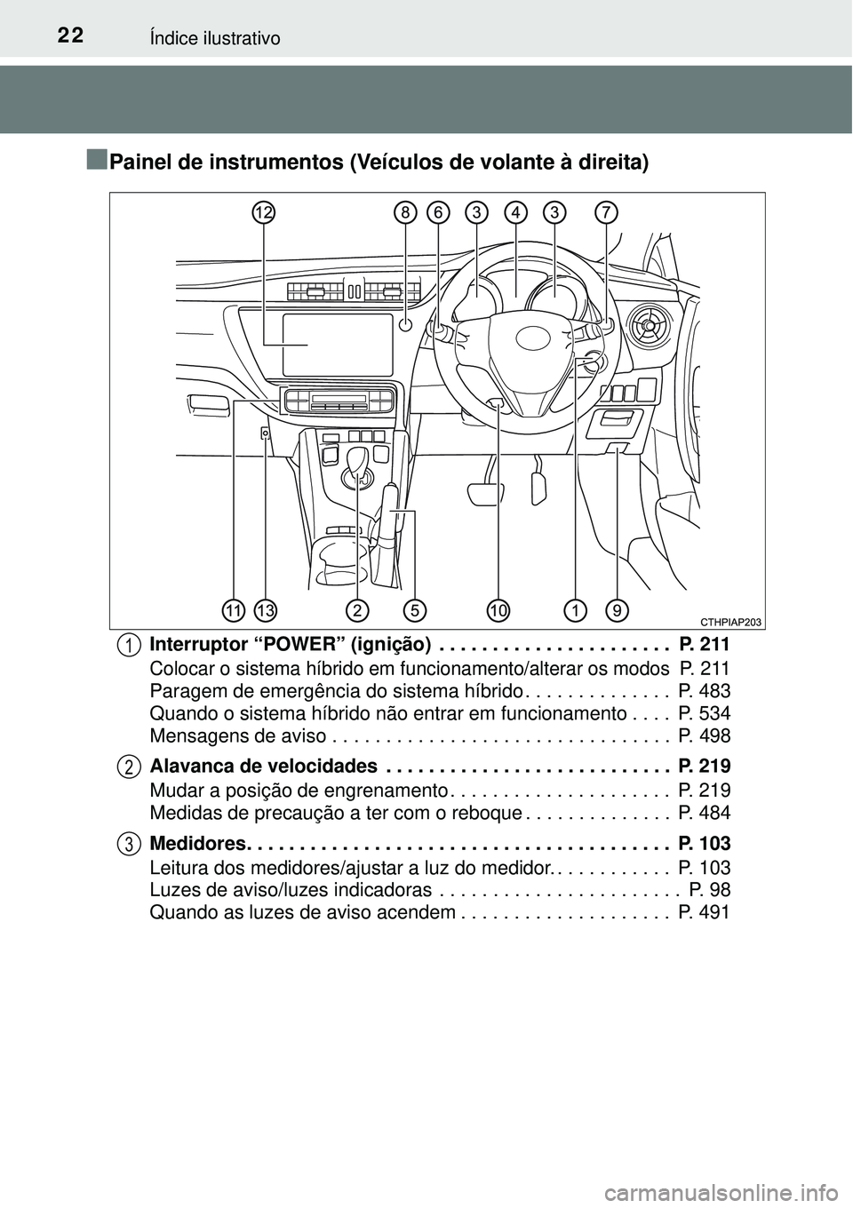 TOYOTA AURIS HYBRID 2016 Manual de utilização (in Portuguese) 22Índice ilustrativo
nPainel de instrumentos (Veículos de volante à direita)
Interruptor “POWER” (ignição) . . . . . . . . . . . . . . . . . . . . . . P. 211
Colocar o sistema híbrido em f TOYOTA AURIS HYBRID 2016 Manual de utilização (in Portuguese) 22Índice ilustrativo
nPainel de instrumentos (Veículos de volante à direita)
Interruptor “POWER” (ignição) . . . . . . . . . . . . . . . . . . . . . . P. 211
Colocar o sistema híbrido em f