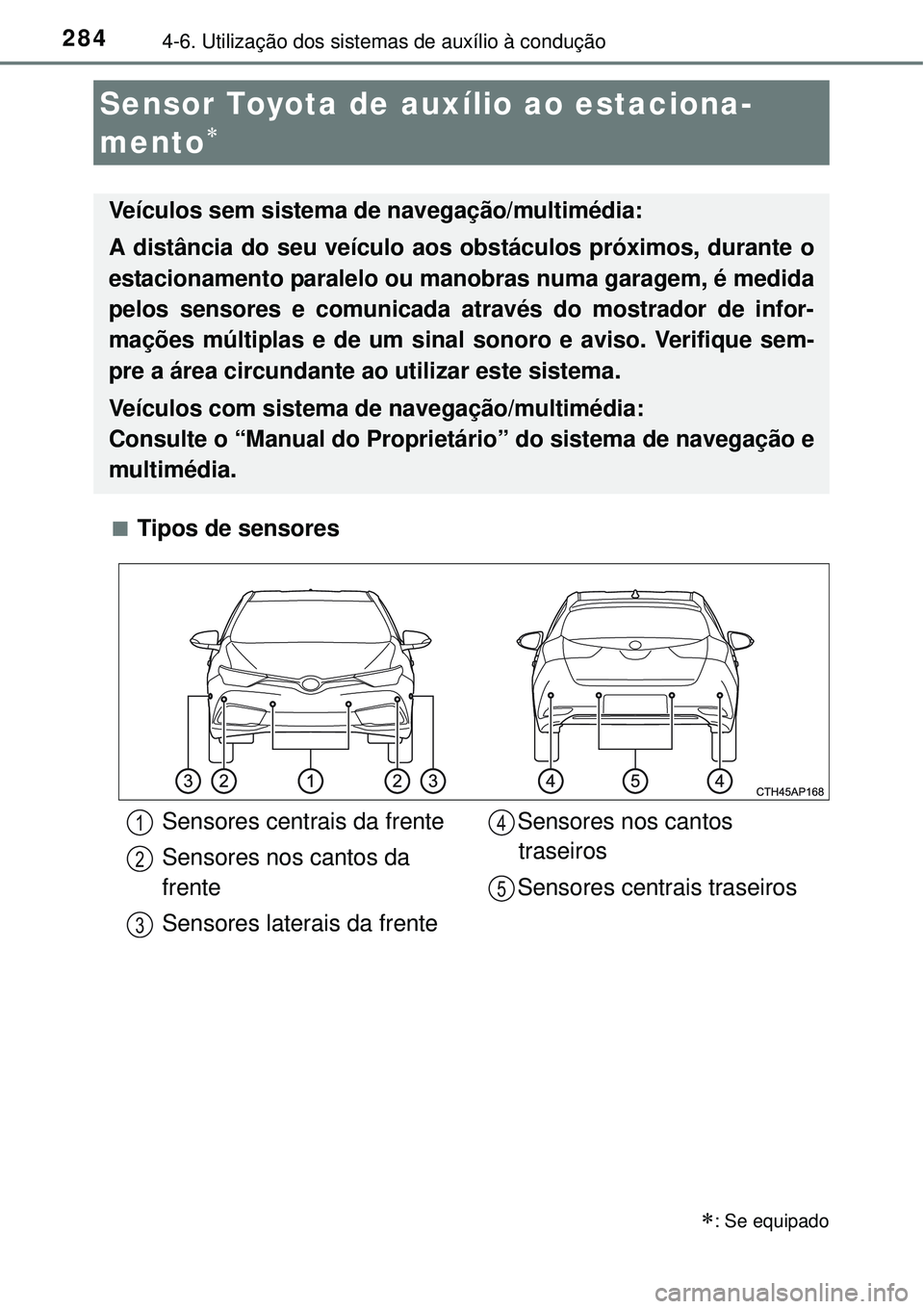 TOYOTA AURIS HYBRID 2016 Manual de utilização (in Portuguese) 2844-6. Utilização dos sistemas de auxílio à condução
nTipos de sensores
Sensor Toyota de auxílio ao estaciona-
mento
: Se equipado
Veículos sem sistema de navegação/multimédia:
A di TOYOTA AURIS HYBRID 2016 Manual de utilização (in Portuguese) 2844-6. Utilização dos sistemas de auxílio à condução
nTipos de sensores
Sensor Toyota de auxílio ao estaciona-
mento
: Se equipado
Veículos sem sistema de navegação/multimédia:
A di