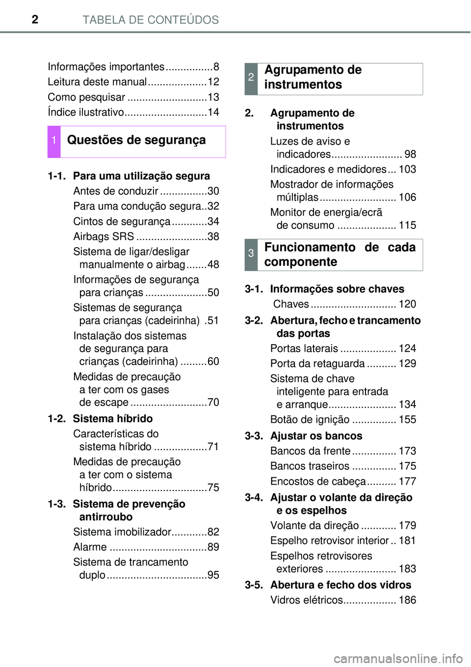 TOYOTA AURIS HYBRID 2016  Manual de utilização (in Portuguese) TABELA DE CONTEÚDOS2
Informações importantes ................8
Leitura deste manual ....................12
Como pesquisar ...........................13
Índice ilustrativo..........................