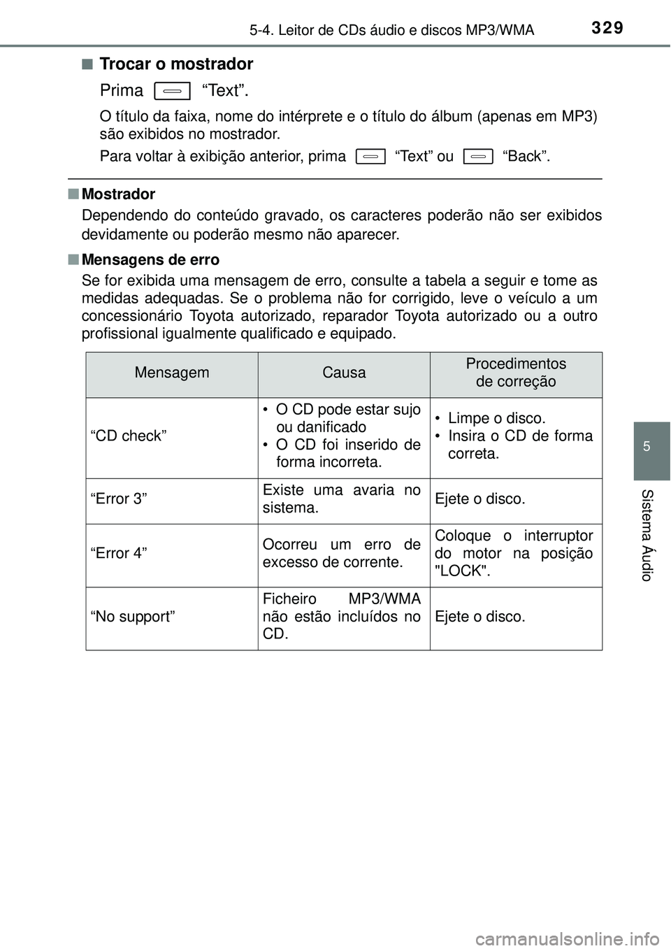 TOYOTA AURIS HYBRID 2016 Manual de utilização (in Portuguese) 3295-4. Leitor de CDs áudio e discos MP3/WMA
5
Sistema Áudio
nTrocar o mostrador
Prima “Text”.
O título da faixa, nome do intérprete e o título do álbum (apenas em MP3)
são exibidos no mos TOYOTA AURIS HYBRID 2016 Manual de utilização (in Portuguese) 3295-4. Leitor de CDs áudio e discos MP3/WMA
5
Sistema Áudio
nTrocar o mostrador
Prima “Text”.
O título da faixa, nome do intérprete e o título do álbum (apenas em MP3)
são exibidos no mos
