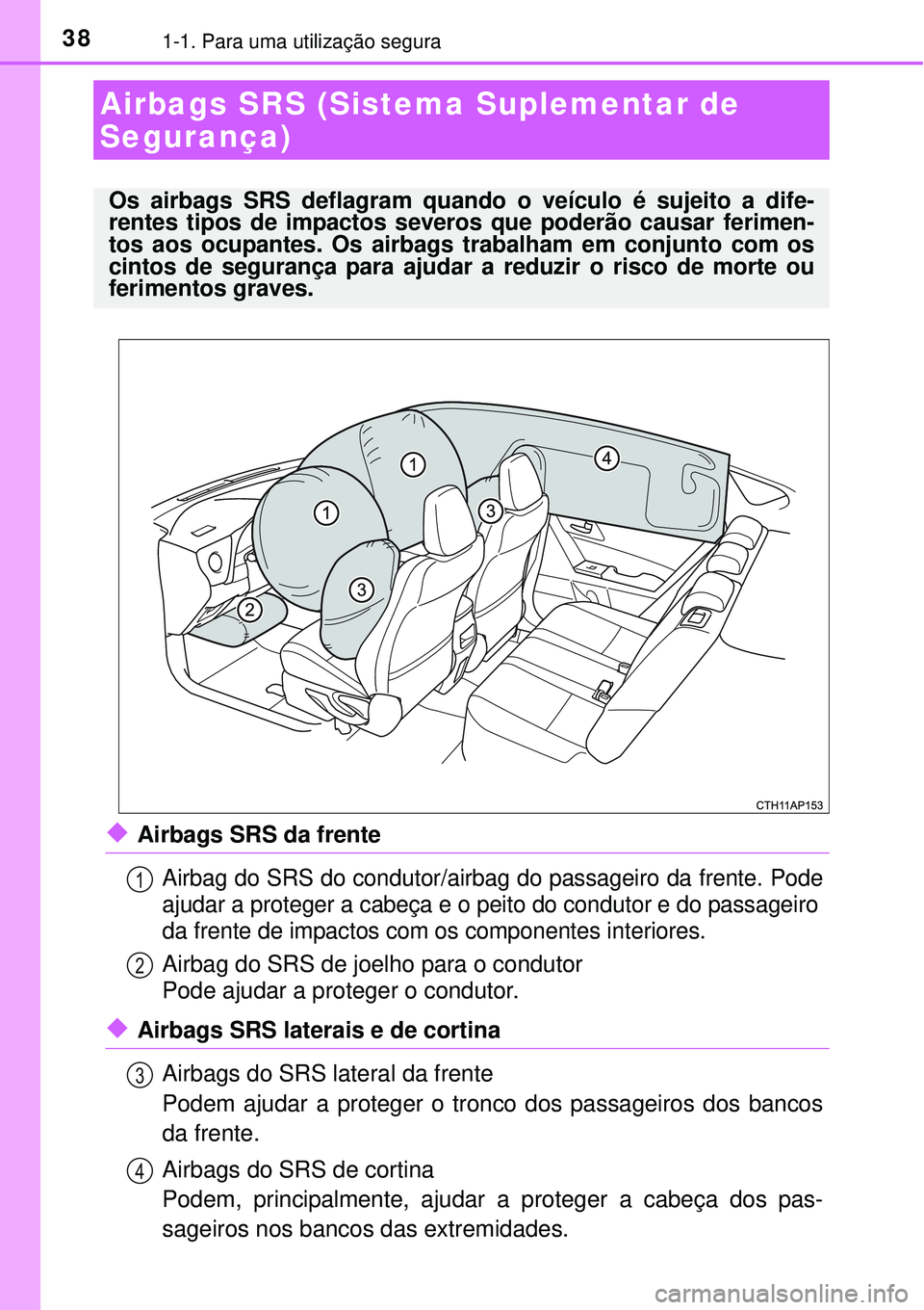 TOYOTA AURIS HYBRID 2016 Manual de utilização (in Portuguese) 381-1. Para uma utilização segura
uAirbags SRS da frente
Airbag do SRS do condutor/airbag do passageiro da frente. Pode
ajudar a proteger a cabeça e o peito do condutor e do passageiro
da frente de TOYOTA AURIS HYBRID 2016 Manual de utilização (in Portuguese) 381-1. Para uma utilização segura
uAirbags SRS da frente
Airbag do SRS do condutor/airbag do passageiro da frente. Pode
ajudar a proteger a cabeça e o peito do condutor e do passageiro
da frente de