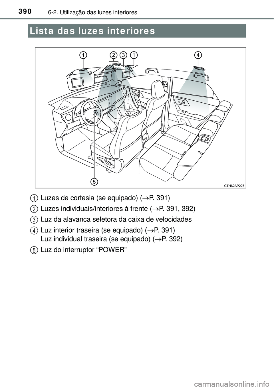 TOYOTA AURIS HYBRID 2016  Manual de utilização (in Portuguese) 3906-2. Utilização das luzes interiores
Luzes de cortesia (se equipado) (P. 391)
Luzes individuais/interiores à frente (P. 391, 392)
Luz da alavanca seletora da caixa de velocidades
Luz inter