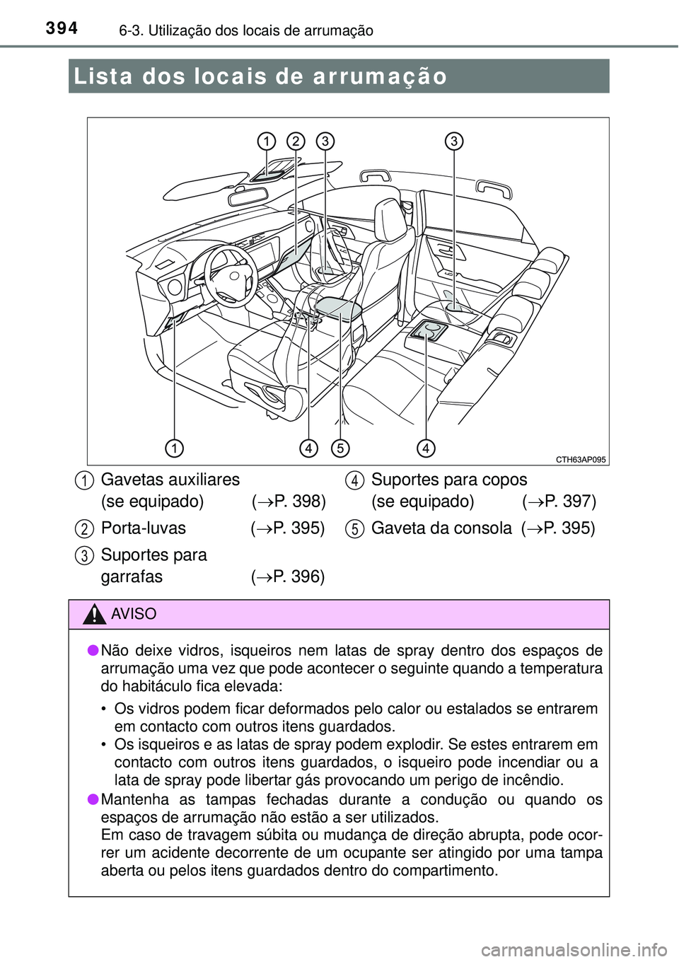 TOYOTA AURIS HYBRID 2016  Manual de utilização (in Portuguese) 3946-3. Utilização dos locais de arrumação
Lista dos locais de arrumação
Gavetas auxiliares 
(se equipado)          (P. 398)
Porta-luvas  (P. 395)
Suportes para 
garrafas (P. 396)Suport