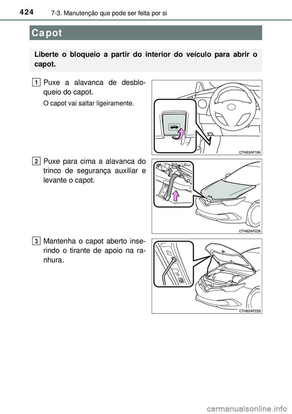 TOYOTA AURIS HYBRID 2016 Manual de utilização (in Portuguese) 4247-3. Manutenção que pode ser feita por si
Puxe a alavanca de desblo-
queio do capot.
O capot vai saltar ligeiramente.
Puxe para cima a alavanca do
trinco de segurança auxiliar e
levante o capot. TOYOTA AURIS HYBRID 2016 Manual de utilização (in Portuguese) 4247-3. Manutenção que pode ser feita por si
Puxe a alavanca de desblo-
queio do capot.
O capot vai saltar ligeiramente.
Puxe para cima a alavanca do
trinco de segurança auxiliar e
levante o capot.
