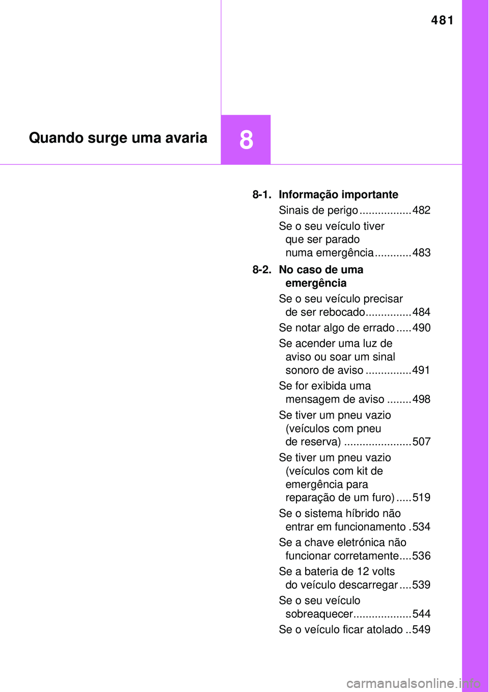 TOYOTA AURIS HYBRID 2016  Manual de utilização (in Portuguese) 481
8Quando surge uma avaria
8-1. Informação importante
Sinais de perigo ................. 482
Se o seu veículo tiver 
que ser parado 
numa emergência ............ 483
8-2.  No caso de uma 
emerg