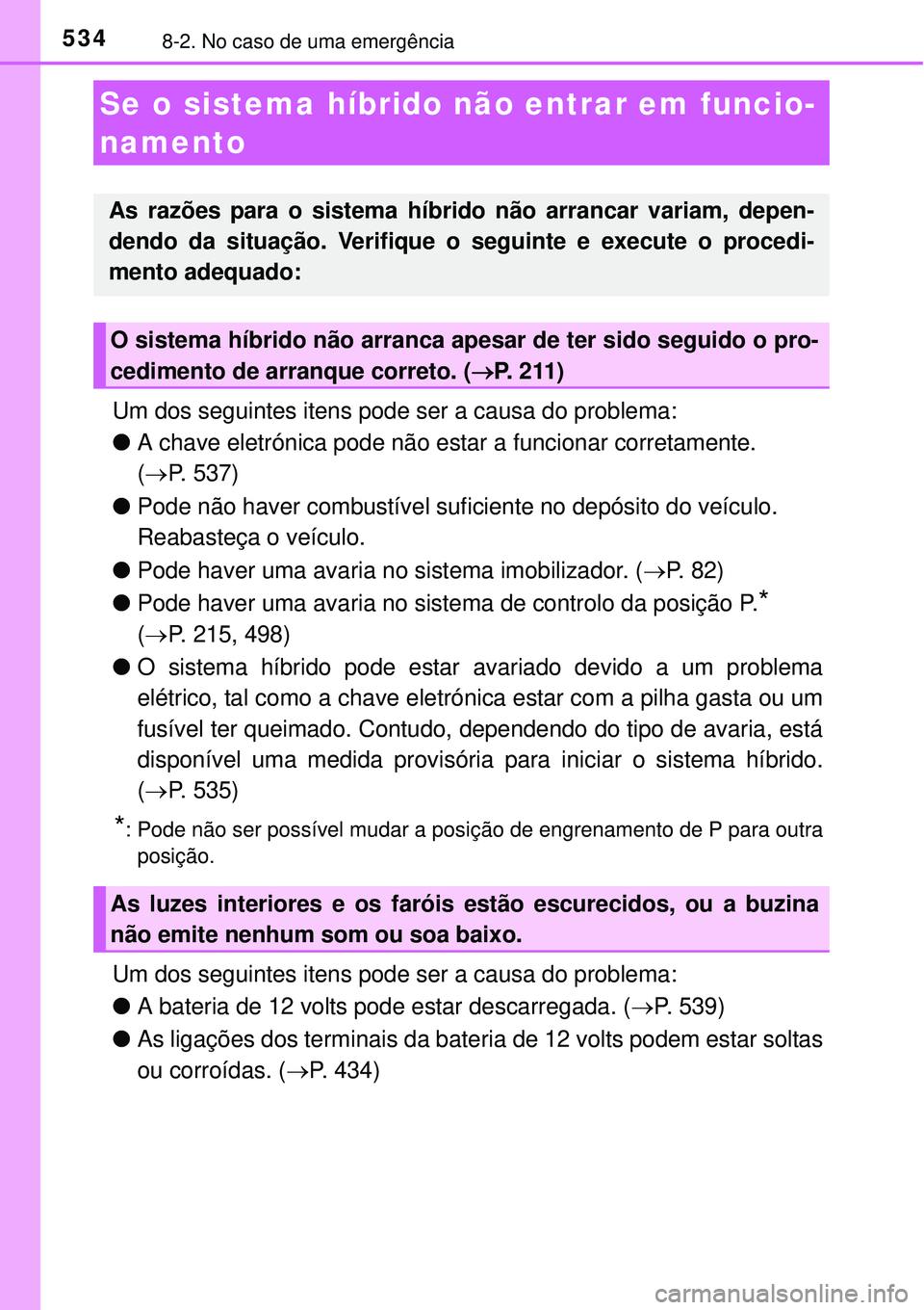 TOYOTA AURIS HYBRID 2016  Manual de utilização (in Portuguese) 5348-2. No caso de uma emergência
Um dos seguintes itens pode ser a causa do problema:
lA chave eletrónica pode não estar a funcionar corretamente. 
(P. 537)
lPode não haver combustível sufici