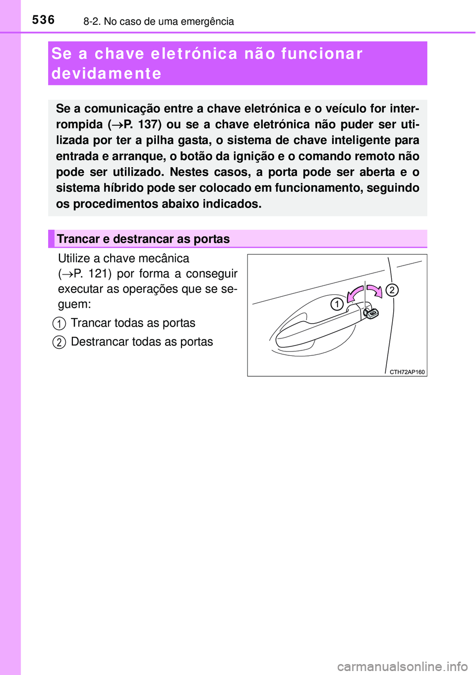 TOYOTA AURIS HYBRID 2016  Manual de utilização (in Portuguese) 5368-2. No caso de uma emergência
Utilize a chave mecânica 
(P. 121) por forma a conseguir
executar as operações que se se-
guem:
Trancar todas as portas
Destrancar todas as portas
Se a chave e