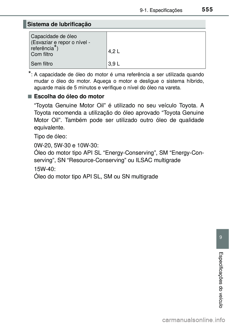 TOYOTA AURIS HYBRID 2016 Manual de utilização (in Portuguese) 5559-1. Especificações
9
Especificações do veículo
*: A capacidade de óleo do motor é uma referência a ser utilizada quando
mudar o óleo do motor. Aqueça o motor e desligue o sistema híbrid TOYOTA AURIS HYBRID 2016 Manual de utilização (in Portuguese) 5559-1. Especificações
9
Especificações do veículo
*: A capacidade de óleo do motor é uma referência a ser utilizada quando
mudar o óleo do motor. Aqueça o motor e desligue o sistema híbrid