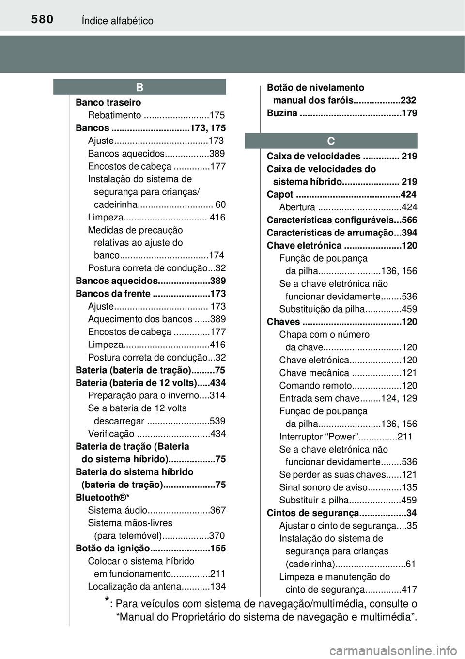 TOYOTA AURIS HYBRID 2016 Manual de utilização (in Portuguese) 580Índice alfabético
Banco traseiro
Rebatimento .........................175
Bancos ..............................173, 175
Ajuste....................................173
Bancos aquecidos............. TOYOTA AURIS HYBRID 2016 Manual de utilização (in Portuguese) 580Índice alfabético
Banco traseiro
Rebatimento .........................175
Bancos ..............................173, 175
Ajuste....................................173
Bancos aquecidos.............