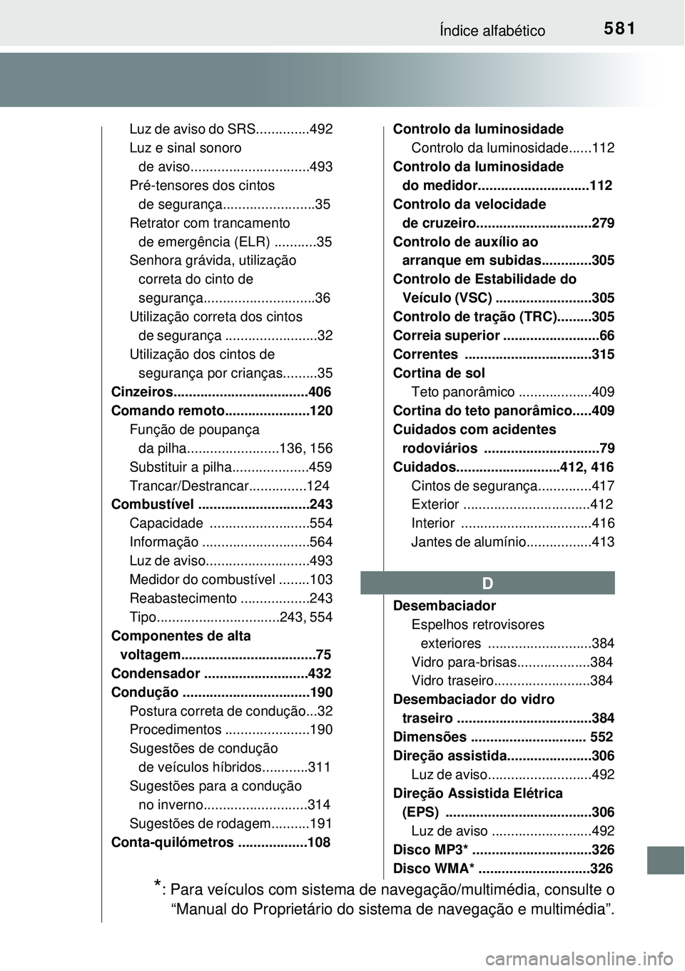 TOYOTA AURIS HYBRID 2016 Manual de utilização (in Portuguese) 581Índice alfabético
Luz de aviso do SRS..............492
Luz e sinal sonoro
de aviso...............................493
Pré-tensores dos cintos
de segurança........................35
Retrator co TOYOTA AURIS HYBRID 2016 Manual de utilização (in Portuguese) 581Índice alfabético
Luz de aviso do SRS..............492
Luz e sinal sonoro
de aviso...............................493
Pré-tensores dos cintos
de segurança........................35
Retrator co