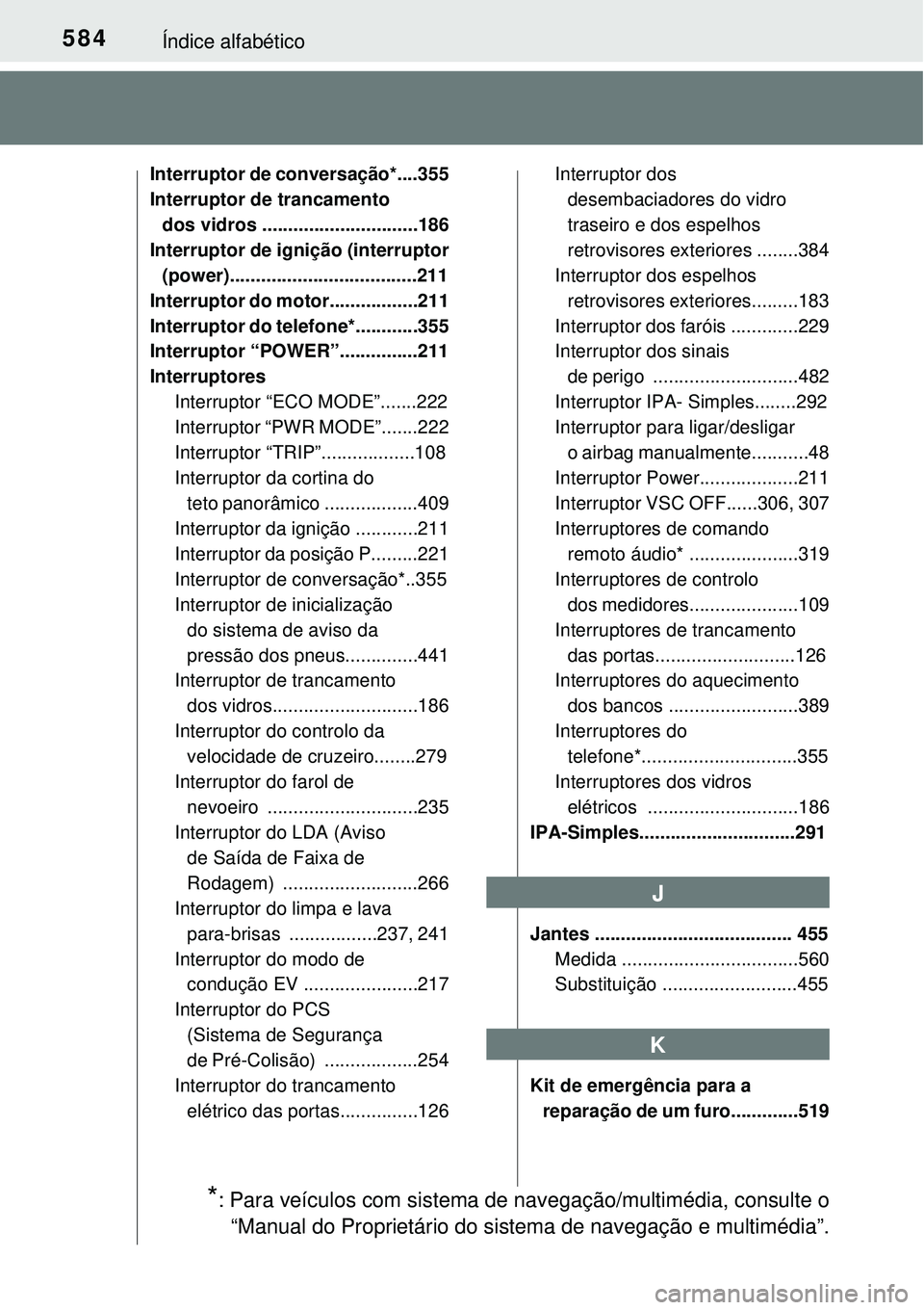 TOYOTA AURIS HYBRID 2016 Manual de utilização (in Portuguese) 584Índice alfabético
Interruptor de conversação*....355
Interruptor de trancamento
dos vidros ..............................186
Interruptor de ignição (interruptor
(power)...................... TOYOTA AURIS HYBRID 2016 Manual de utilização (in Portuguese) 584Índice alfabético
Interruptor de conversação*....355
Interruptor de trancamento
dos vidros ..............................186
Interruptor de ignição (interruptor
(power)......................