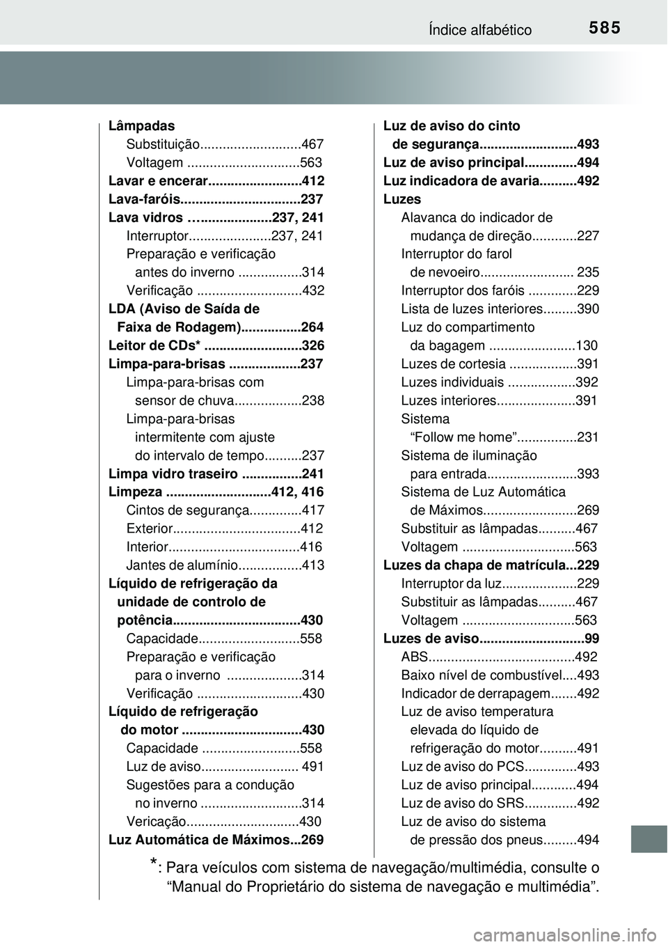 TOYOTA AURIS HYBRID 2016 Manual de utilização (in Portuguese) 585Índice alfabético
Lâmpadas
Substituição...........................467
Voltagem ..............................563
Lavar e encerar.........................412
Lava-faróis....................... TOYOTA AURIS HYBRID 2016 Manual de utilização (in Portuguese) 585Índice alfabético
Lâmpadas
Substituição...........................467
Voltagem ..............................563
Lavar e encerar.........................412
Lava-faróis.......................