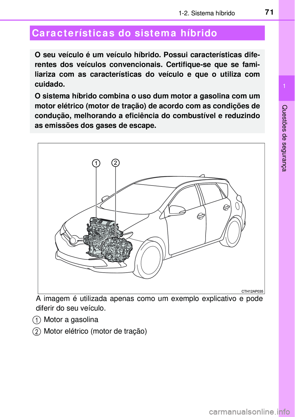 TOYOTA AURIS HYBRID 2016  Manual de utilização (in Portuguese) 71
1
Questões de segurança
1-2. Sistema híbrido
A imagem é utilizada apenas como um exemplo explicativo e pode
diferir do seu veículo.
Motor a gasolina
Motor elétrico (motor de tração)
Caracte