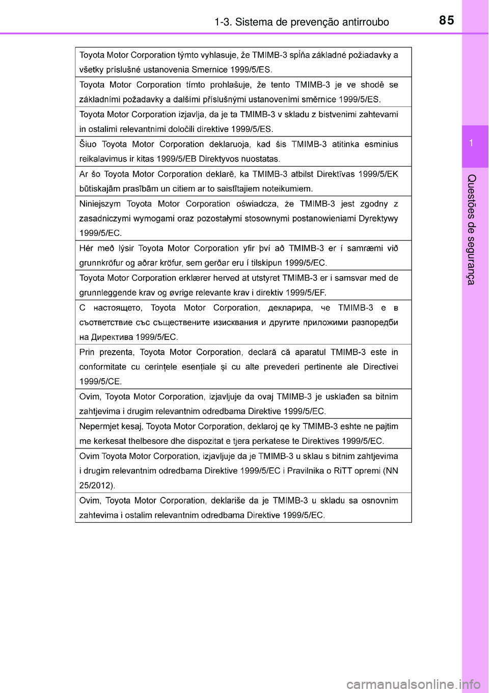 TOYOTA AURIS HYBRID 2016  Manual de utilização (in Portuguese) 851-3. Sistema de prevenção antirroubo
1
Questões de segurança 