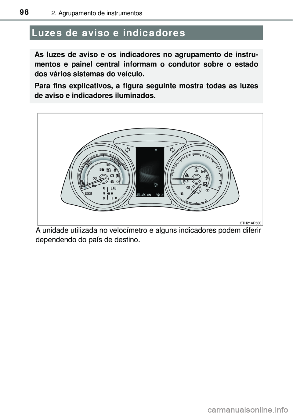 TOYOTA AURIS HYBRID 2016 Manual de utilização (in Portuguese) 982. Agrupamento de instrumentos
A unidade utilizada no velocímetro e alguns indicadores podem diferir
dependendo do país de destino.
Luzes de aviso e indicadores
As luzes de aviso e os indicadores TOYOTA AURIS HYBRID 2016 Manual de utilização (in Portuguese) 982. Agrupamento de instrumentos
A unidade utilizada no velocímetro e alguns indicadores podem diferir
dependendo do país de destino.
Luzes de aviso e indicadores
As luzes de aviso e os indicadores