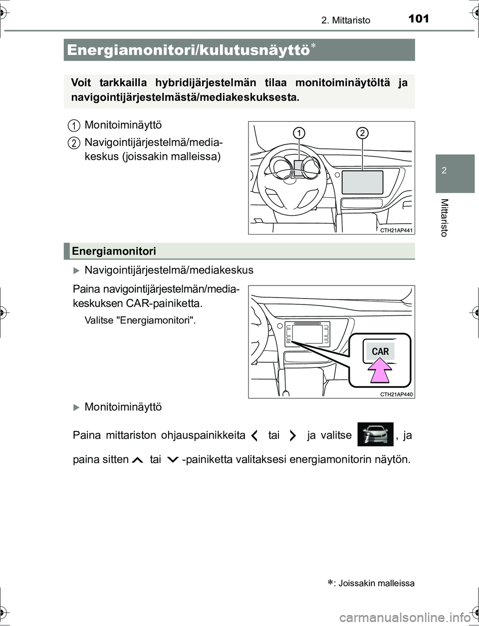 TOYOTA AURIS HYBRID 2016  Omistajan Käsikirja (in Finnish) 1012. Mittaristo
OM12K47FI
2
Mittaristo
Monitoiminäyttö
Navigointijärjestelmä/media-
keskus (joissakin malleissa)
Navigointijärjestelmä/mediakeskus
Paina navigointijärjestelmän/media-
kesku