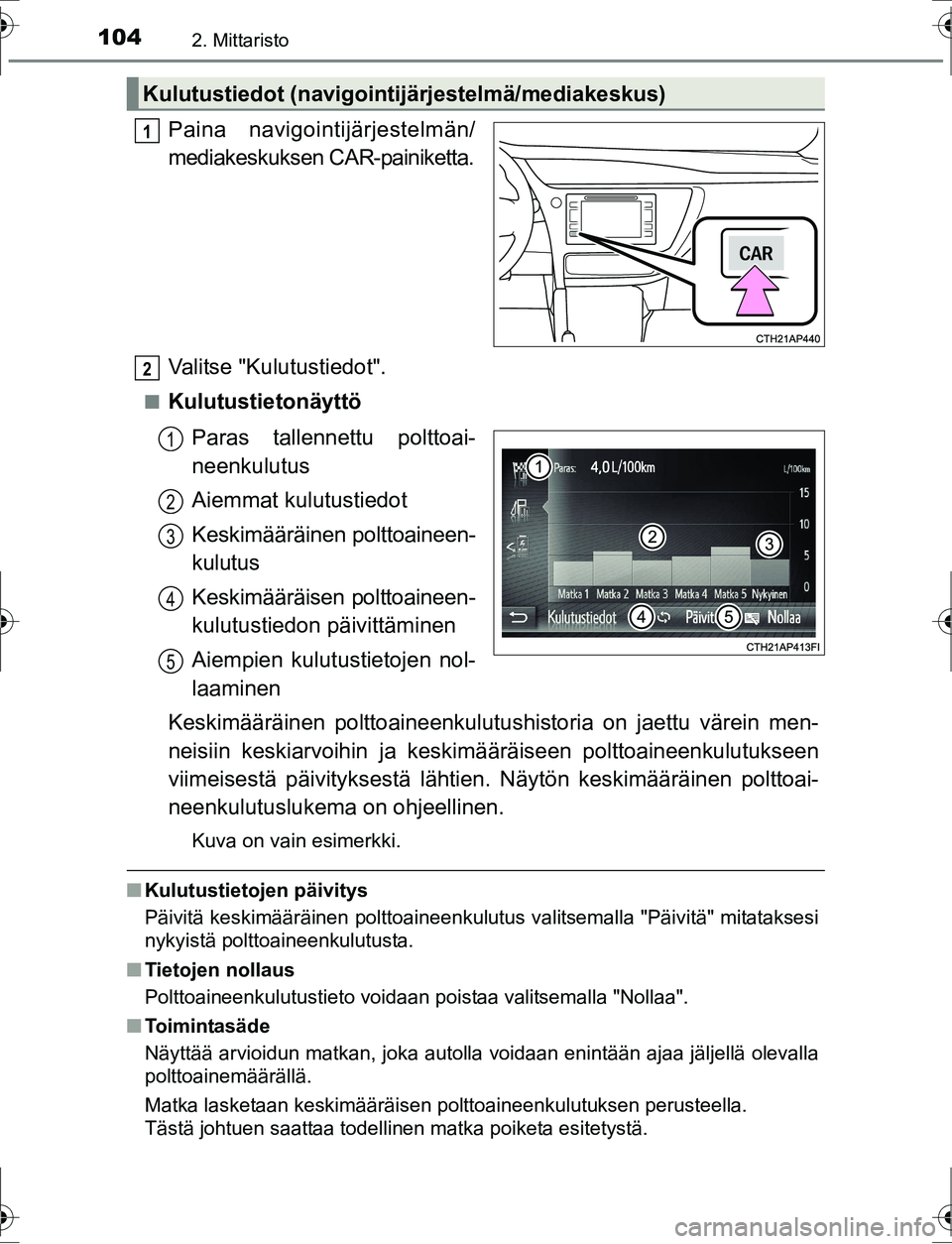 TOYOTA AURIS HYBRID 2016  Omistajan Käsikirja (in Finnish) 1042. Mittaristo
OM12K47FI
Paina navigointijärjestelmän/
mediakeskuksen CAR-painiketta.
Valitse "Kulutustiedot".
nKulutustietonäyttöParas tallennettu polttoai-
neenkulutus
Aiemmat kulutustiedot
Ke