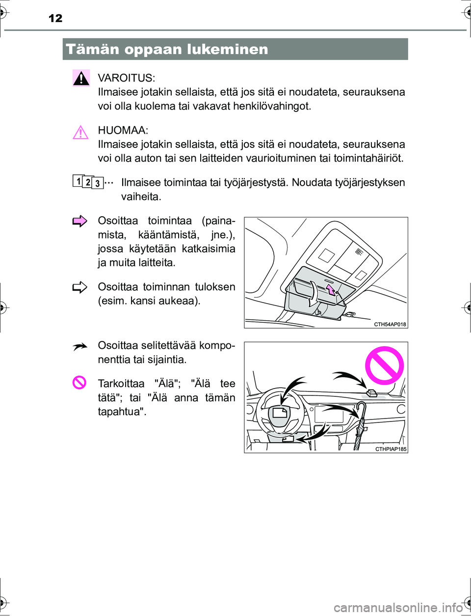 TOYOTA AURIS HYBRID 2016  Omistajan Käsikirja (in Finnish) 12
OM12K47FI
VAROITUS: 
Ilmaisee jotakin sellaista, että jos sitä ei noudateta, seurauksena
voi olla kuolema tai vakavat henkilövahingot.
HUOMAA: 
Ilmaisee jotakin sellaista, että jos sitä ei nou