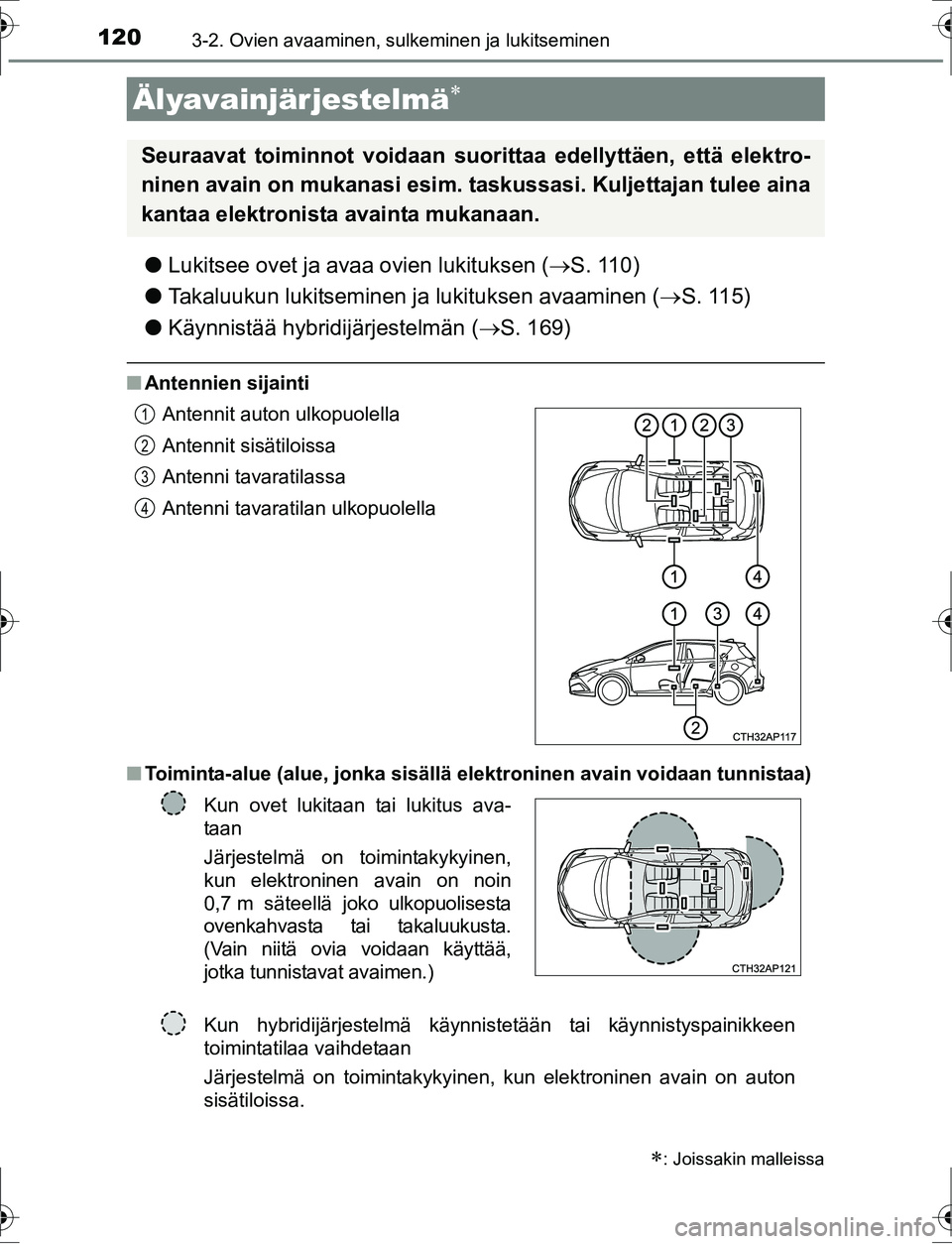 TOYOTA AURIS HYBRID 2016 Omistajan Käsikirja (in Finnish) 1203-2. Ovien avaaminen, sulkeminen ja lukitseminen
OM12K47FI
lLukitsee ovet ja avaa ovien lukituksen ( S. 110)
l Takaluukun lukitseminen ja lukituksen avaaminen ( S. 115)
l Käynnistää hybrid TOYOTA AURIS HYBRID 2016 Omistajan Käsikirja (in Finnish) 1203-2. Ovien avaaminen, sulkeminen ja lukitseminen
OM12K47FI
lLukitsee ovet ja avaa ovien lukituksen ( S. 110)
l Takaluukun lukitseminen ja lukituksen avaaminen ( S. 115)
l Käynnistää hybrid