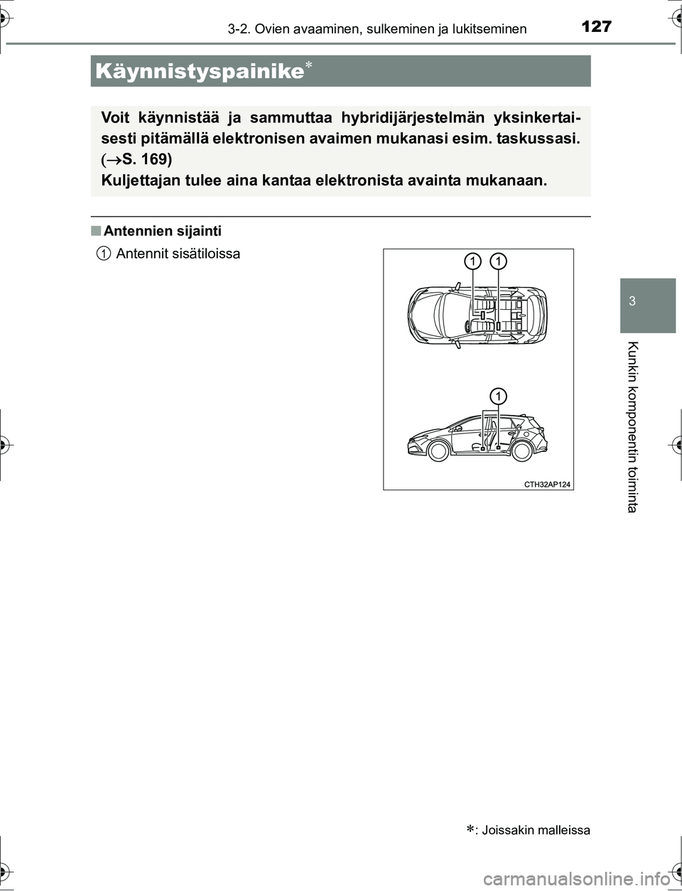 TOYOTA AURIS HYBRID 2016  Omistajan Käsikirja (in Finnish) 1273-2. Ovien avaaminen, sulkeminen ja lukitseminen
OM12K47FI
3
Kunkin komponentin toiminta
nAntennien sijainti
Käynnistyspainike
: Joissakin malleissa
Voit käynnistää ja sammuttaa hybridij