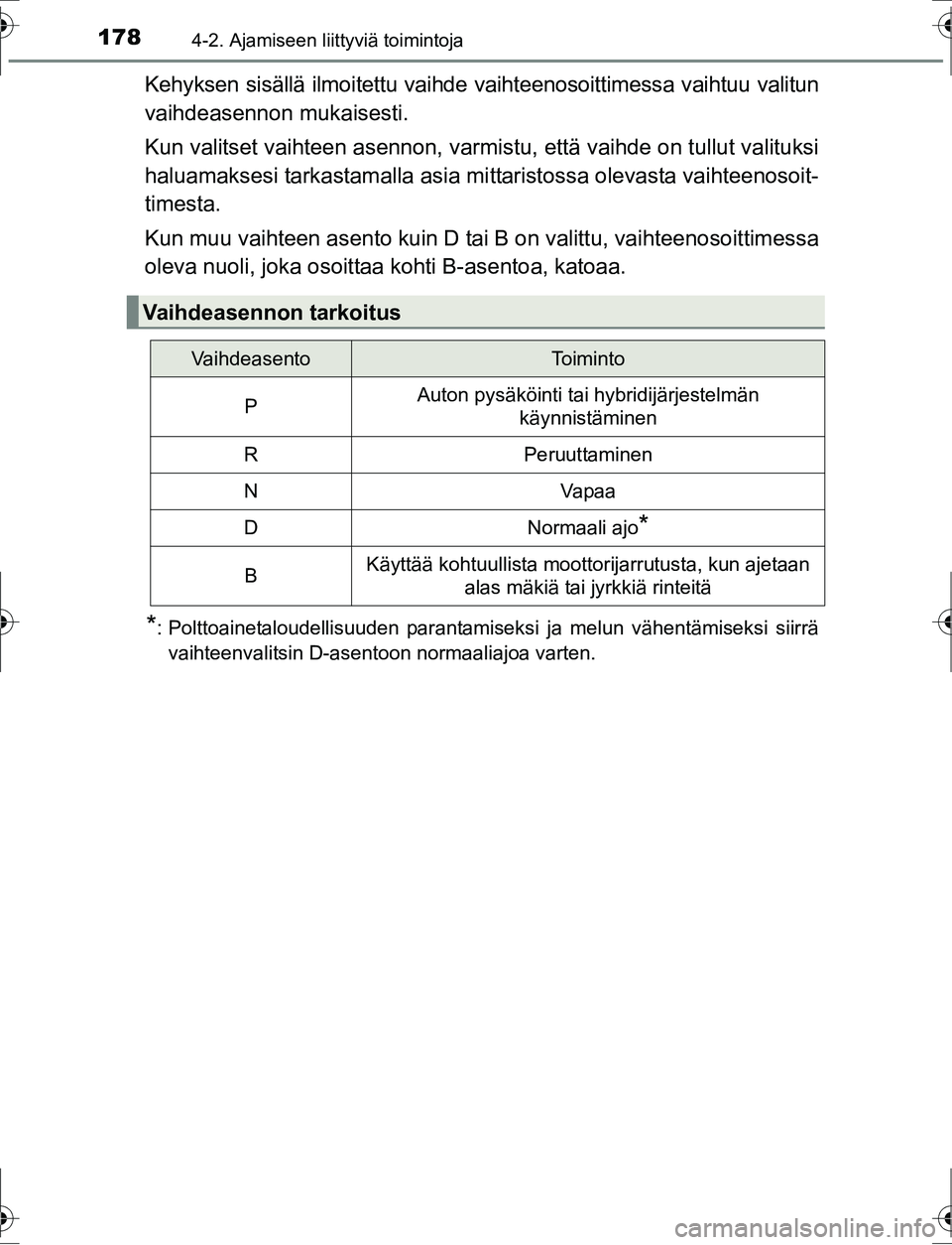 TOYOTA AURIS HYBRID 2016 Omistajan Käsikirja (in Finnish) 1784-2. Ajamiseen liittyviä toimintoja
OM12K47FI
Kehyksen sisällä ilmoitettu vaihde vaihteenosoittimessa vaihtuu valitun
vaihdeasennon mukaisesti.
Kun valitset vaihteen asennon, varmistu, että vai TOYOTA AURIS HYBRID 2016 Omistajan Käsikirja (in Finnish) 1784-2. Ajamiseen liittyviä toimintoja
OM12K47FI
Kehyksen sisällä ilmoitettu vaihde vaihteenosoittimessa vaihtuu valitun
vaihdeasennon mukaisesti.
Kun valitset vaihteen asennon, varmistu, että vai
