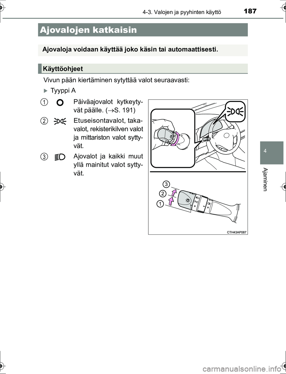 TOYOTA AURIS HYBRID 2016 Omistajan Käsikirja (in Finnish) 187
OM12K47FI
4
Ajaminen
4-3. Valojen ja pyyhinten käyttö
Vivun pään kiertäminen sytyttää valot seuraavasti:
Ty y p p i APäiväajovalot kytkeyty-
vät päälle. ( S. 191)
Etuseisontava TOYOTA AURIS HYBRID 2016 Omistajan Käsikirja (in Finnish) 187
OM12K47FI
4
Ajaminen
4-3. Valojen ja pyyhinten käyttö
Vivun pään kiertäminen sytyttää valot seuraavasti:
Ty y p p i APäiväajovalot kytkeyty-
vät päälle. ( S. 191)
Etuseisontava