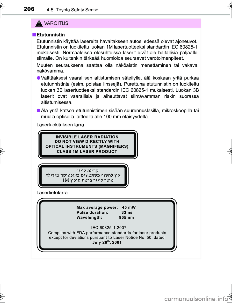 TOYOTA AURIS HYBRID 2016 Omistajan Käsikirja (in Finnish) 2064-5. Toyota Safety Sense
OM12K47FI
VA R O I T U S
nEtutunnistin
Etutunnistin käyttää lasereita havaitakseen autosi edessä olevat ajoneuvot.
Etutunnistin on luokiteltu luokan 1M lasertuotteeksi TOYOTA AURIS HYBRID 2016 Omistajan Käsikirja (in Finnish) 2064-5. Toyota Safety Sense
OM12K47FI
VA R O I T U S
nEtutunnistin
Etutunnistin käyttää lasereita havaitakseen autosi edessä olevat ajoneuvot.
Etutunnistin on luokiteltu luokan 1M lasertuotteeksi