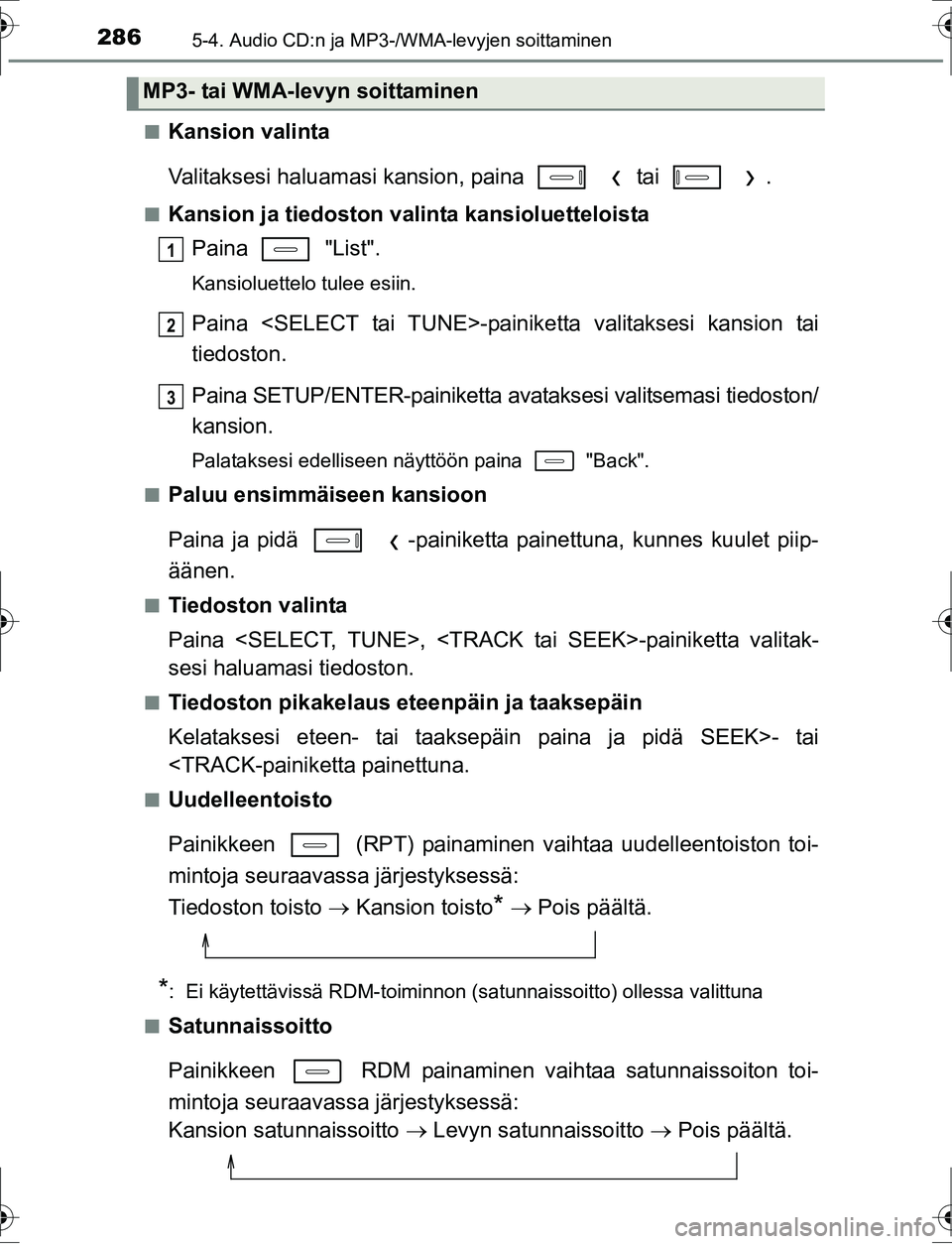 TOYOTA AURIS HYBRID 2016 Omistajan Käsikirja (in Finnish) 2865-4. Audio CD:n ja MP3-/WMA-levyjen soittaminen
OM12K47FIn
Kansion valinta
Valitaksesi haluamasi kansion, paina tai .
nKansion ja tiedoston valinta kansioluetteloista
Paina "List".
Kansiolu TOYOTA AURIS HYBRID 2016 Omistajan Käsikirja (in Finnish) 2865-4. Audio CD:n ja MP3-/WMA-levyjen soittaminen
OM12K47FIn
Kansion valinta
Valitaksesi haluamasi kansion, paina tai .
nKansion ja tiedoston valinta kansioluetteloista
Paina "List".
Kansiolu