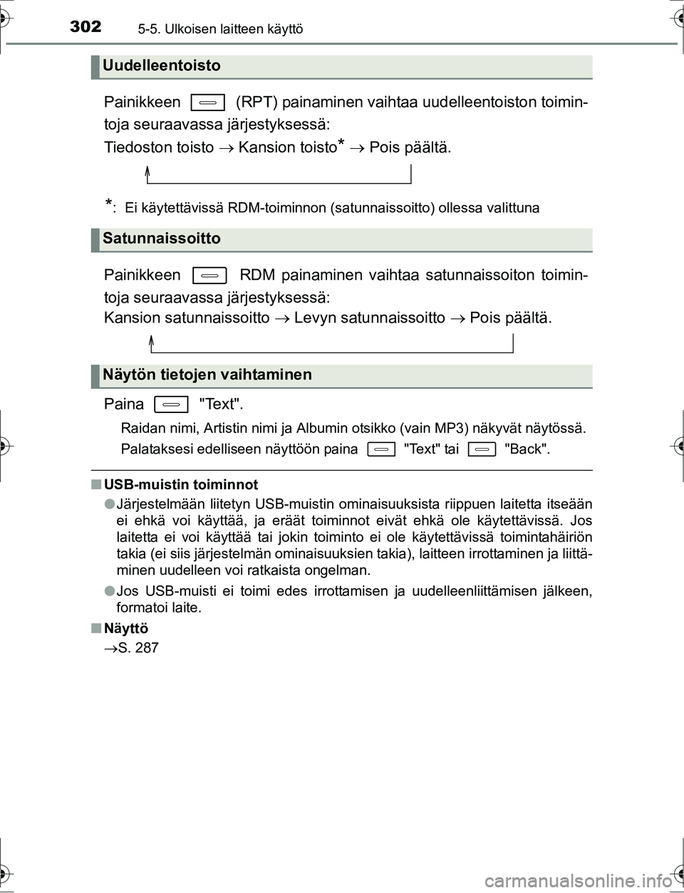 TOYOTA AURIS HYBRID 2016 Omistajan Käsikirja (in Finnish) 3025-5. Ulkoisen laitteen käyttö
OM12K47FI
Painikkeen (RPT) painaminen vaihtaa uudelleentoiston toimin-
toja seuraavassa järjestyksessä:
Tiedoston toisto ï‚® Kansion toisto
*  Pois päältà TOYOTA AURIS HYBRID 2016 Omistajan Käsikirja (in Finnish) 3025-5. Ulkoisen laitteen käyttö
OM12K47FI
Painikkeen (RPT) painaminen vaihtaa uudelleentoiston toimin-
toja seuraavassa järjestyksessä:
Tiedoston toisto ï‚® Kansion toisto
* ï‚® Pois päältÃ