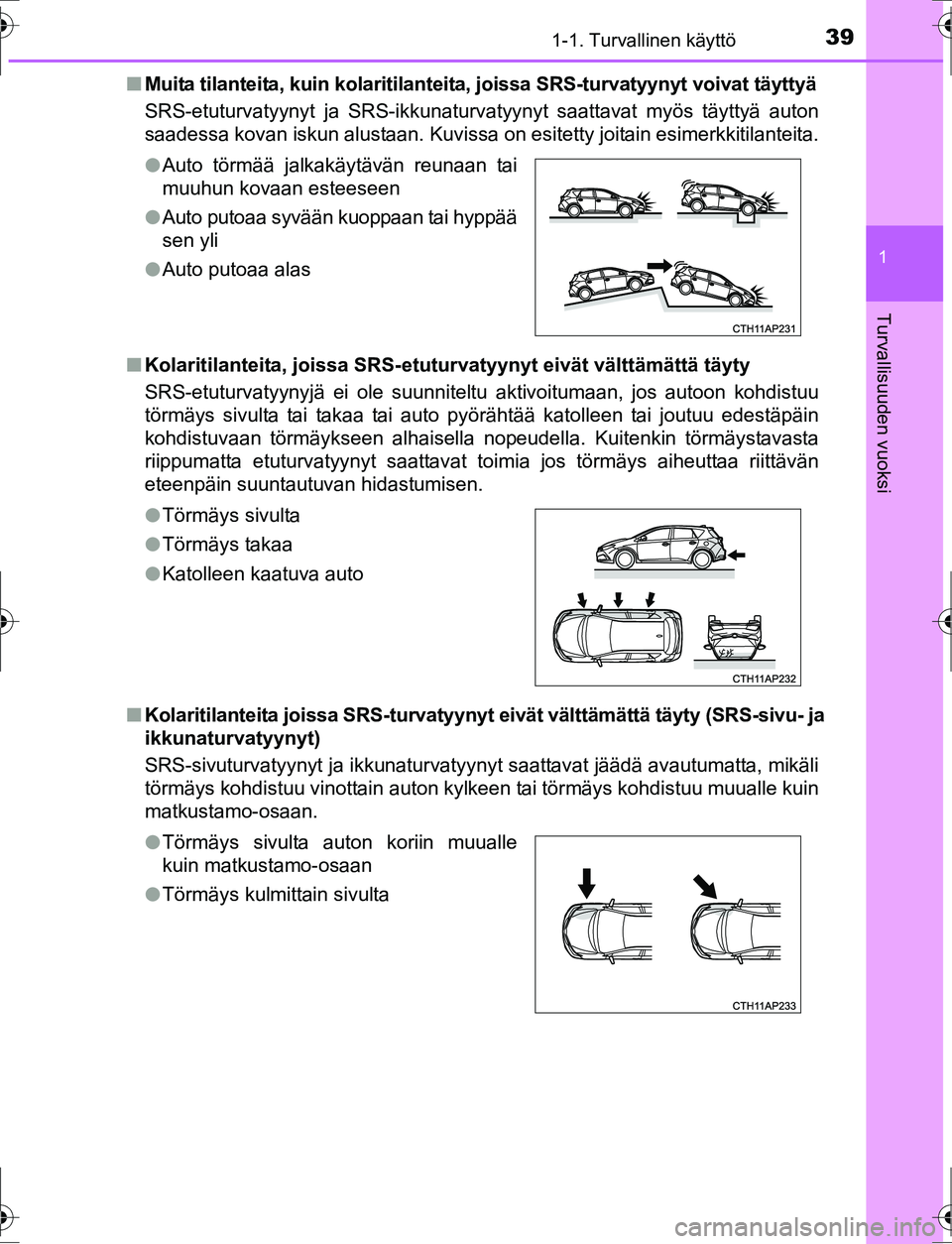 TOYOTA AURIS HYBRID 2016 Omistajan Käsikirja (in Finnish) 391-1. Turvallinen käyttö
1
Turvallisuuden vuoksi
OM12K47FIn
Muita tilanteita, kuin kolaritilanteita, joissa SRS-turvatyynyt voivat täyttyä
SRS-etuturvatyynyt ja SRS-ikkunaturvatyynyt saattavat m TOYOTA AURIS HYBRID 2016 Omistajan Käsikirja (in Finnish) 391-1. Turvallinen käyttö
1
Turvallisuuden vuoksi
OM12K47FIn
Muita tilanteita, kuin kolaritilanteita, joissa SRS-turvatyynyt voivat täyttyä
SRS-etuturvatyynyt ja SRS-ikkunaturvatyynyt saattavat m