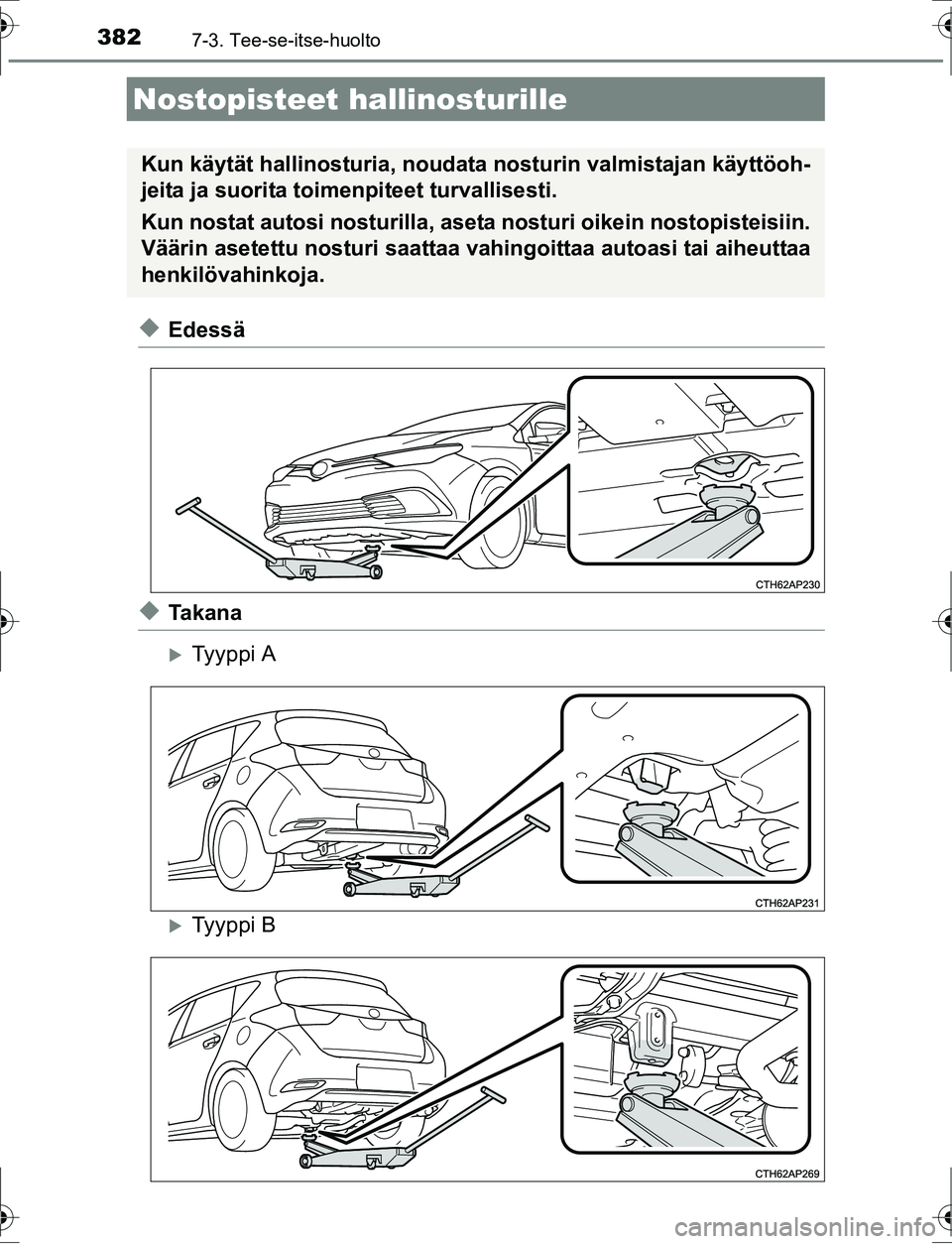 TOYOTA AURIS HYBRID 2016  Omistajan Käsikirja (in Finnish) 3827-3. Tee-se-itse-huolto
OM12K47FI
uEdessä
uTa k a n a
Ty y p p i  A
Ty y p p i  B
Nostopisteet hallinosturille
Kun käytät hallinosturia, noudata nosturin valmistajan käyttöoh-
jeita ja s