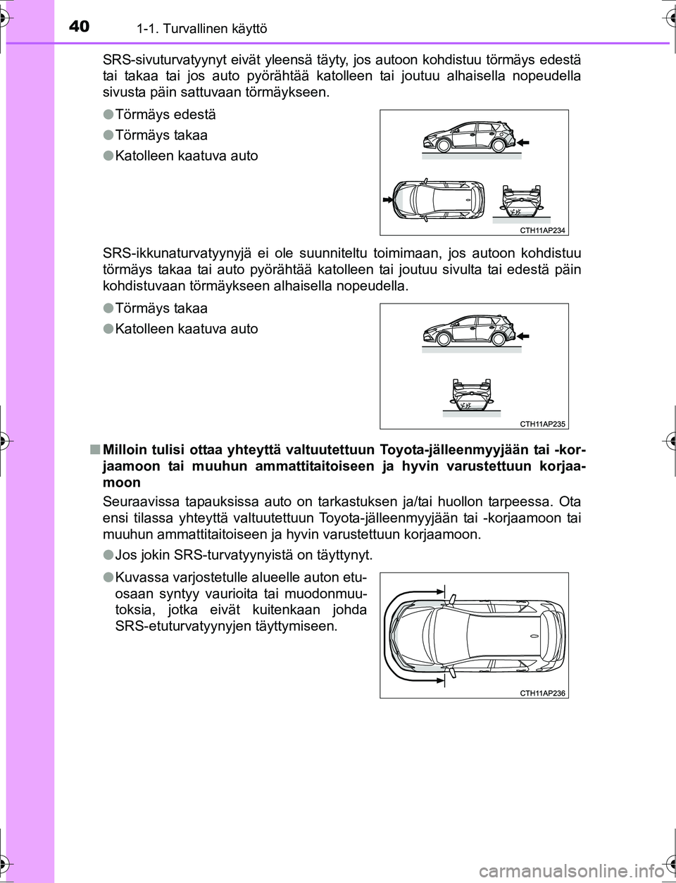 TOYOTA AURIS HYBRID 2016 Omistajan Käsikirja (in Finnish) 401-1. Turvallinen käyttö
OM12K47FISRS-sivuturvatyynyt eivät yleensä täyty, jos autoon kohdistuu törmäys edestä
tai takaa tai jos auto pyörähtää katolleen tai joutuu alhaisella nopeudella
TOYOTA AURIS HYBRID 2016 Omistajan Käsikirja (in Finnish) 401-1. Turvallinen käyttö
OM12K47FISRS-sivuturvatyynyt eivät yleensä täyty, jos autoon kohdistuu törmäys edestä
tai takaa tai jos auto pyörähtää katolleen tai joutuu alhaisella nopeudella