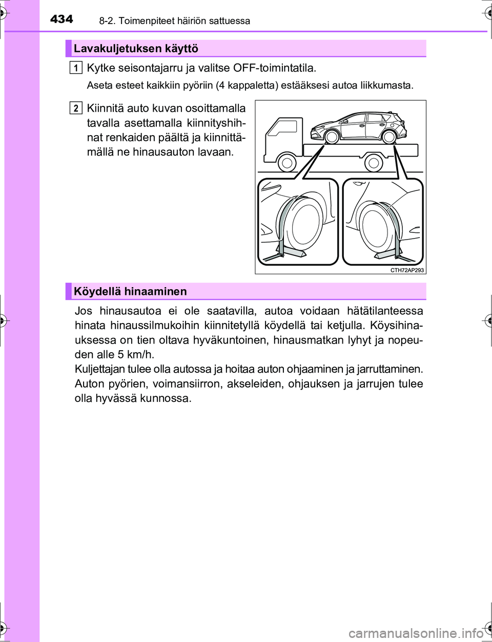TOYOTA AURIS HYBRID 2016  Omistajan Käsikirja (in Finnish) 4348-2. Toimenpiteet häiriön sattuessa
OM12K47FI
Kytke seisontajarru ja valitse OFF-toimintatila.
Aseta esteet kaikkiin pyöriin (4 kappaletta) estääksesi autoa liikkumasta.
Kiinnitä auto kuvan o