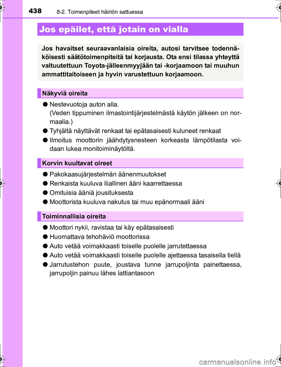 TOYOTA AURIS HYBRID 2016  Omistajan Käsikirja (in Finnish) 4388-2. Toimenpiteet häiriön sattuessa
OM12K47FI
lNestevuotoja auton alla.
(Veden tippuminen ilmastointijärj estelmästä käytön jälkeen on nor-
maalia.)
l Tyhjältä näyttävät renkaat ta i e