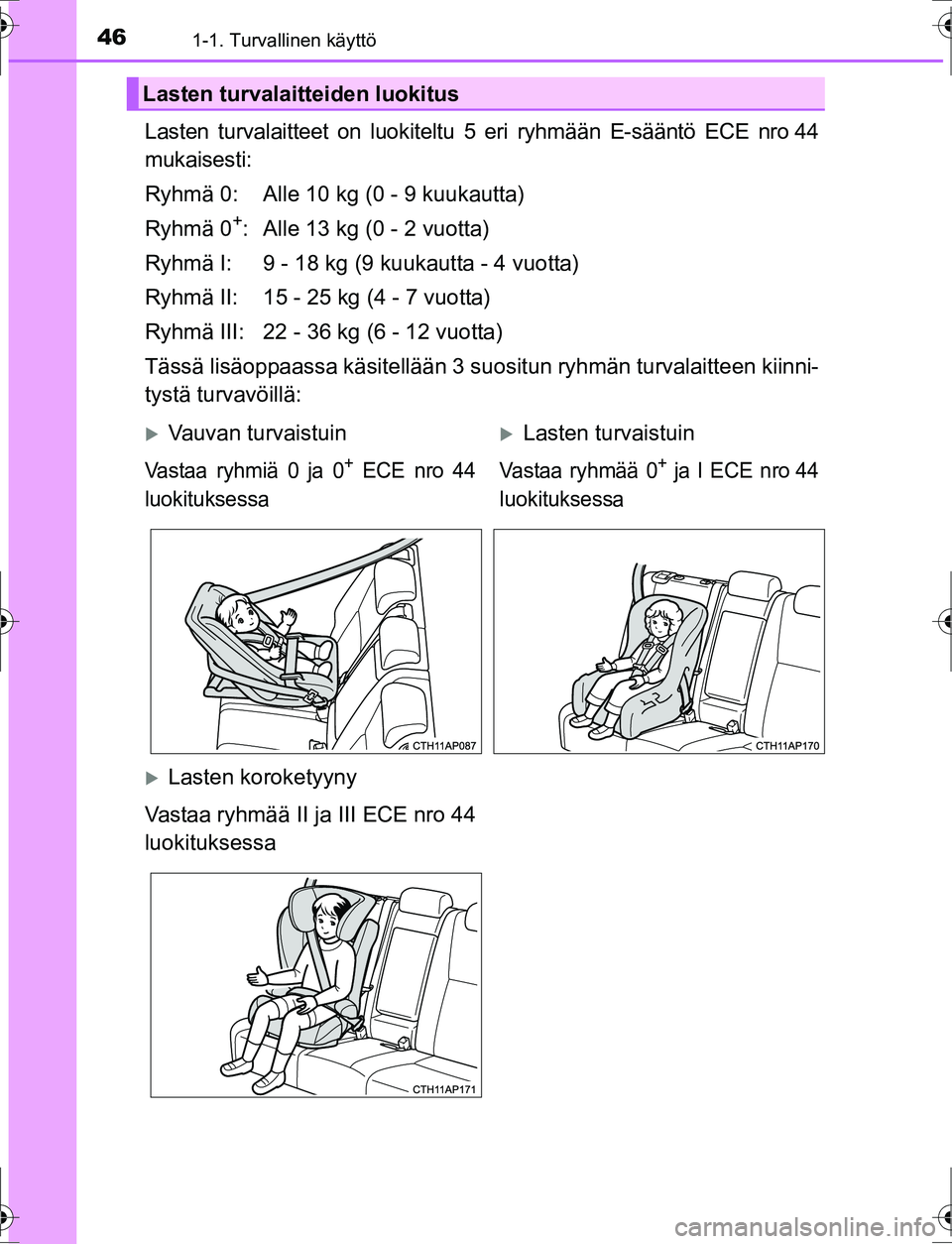 TOYOTA AURIS HYBRID 2016 Omistajan Käsikirja (in Finnish) 461-1. Turvallinen käyttö
OM12K47FI
Lasten turvalaitteet on luokiteltu 5 eri ryhmään E-sääntö ECE nro 44
mukaisesti:
Ryhmä 0: Alle 10 kg (0 - 9 kuukautta)
Ryhmä 0
+: Alle 13 kg (0 - 2 vuott TOYOTA AURIS HYBRID 2016 Omistajan Käsikirja (in Finnish) 461-1. Turvallinen käyttö
OM12K47FI
Lasten turvalaitteet on luokiteltu 5 eri ryhmään E-sääntö ECE nro 44
mukaisesti:
Ryhmä 0: Alle 10 kg (0 - 9 kuukautta)
Ryhmä 0
+: Alle 13 kg (0 - 2 vuott
