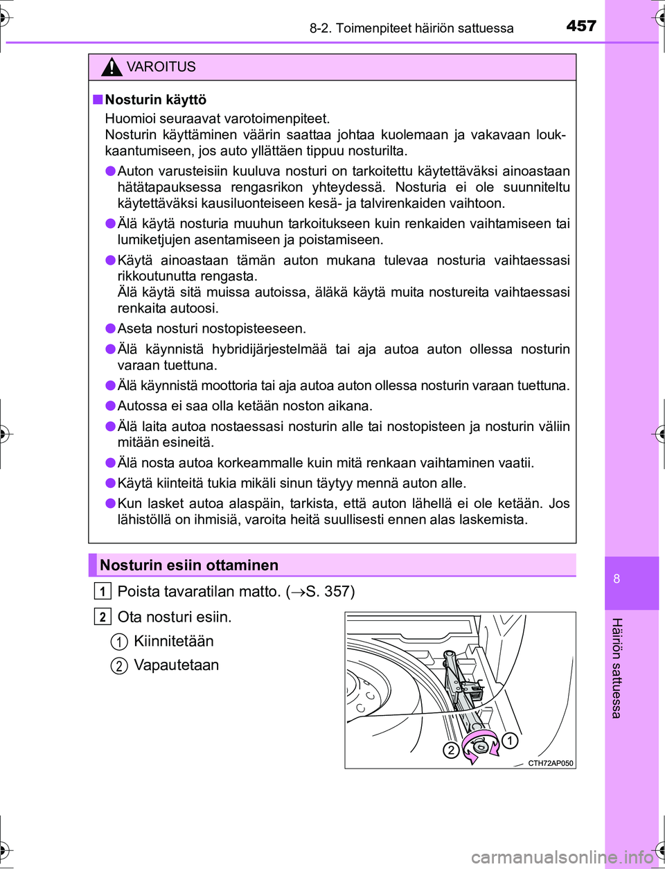 TOYOTA AURIS HYBRID 2016 Omistajan Käsikirja (in Finnish) 4578-2. Toimenpiteet häiriön sattuessa
OM12K47FI
8
Häiriön sattuessa
Poista tavaratilan matto. (S. 357)
Ota nosturi esiin. Kiinnitetään
Vapautetaan
VA R O I T U S
nNosturin käyttö
Huomioi s TOYOTA AURIS HYBRID 2016 Omistajan Käsikirja (in Finnish) 4578-2. Toimenpiteet häiriön sattuessa
OM12K47FI
8
Häiriön sattuessa
Poista tavaratilan matto. (S. 357)
Ota nosturi esiin. Kiinnitetään
Vapautetaan
VA R O I T U S
nNosturin käyttö
Huomioi s