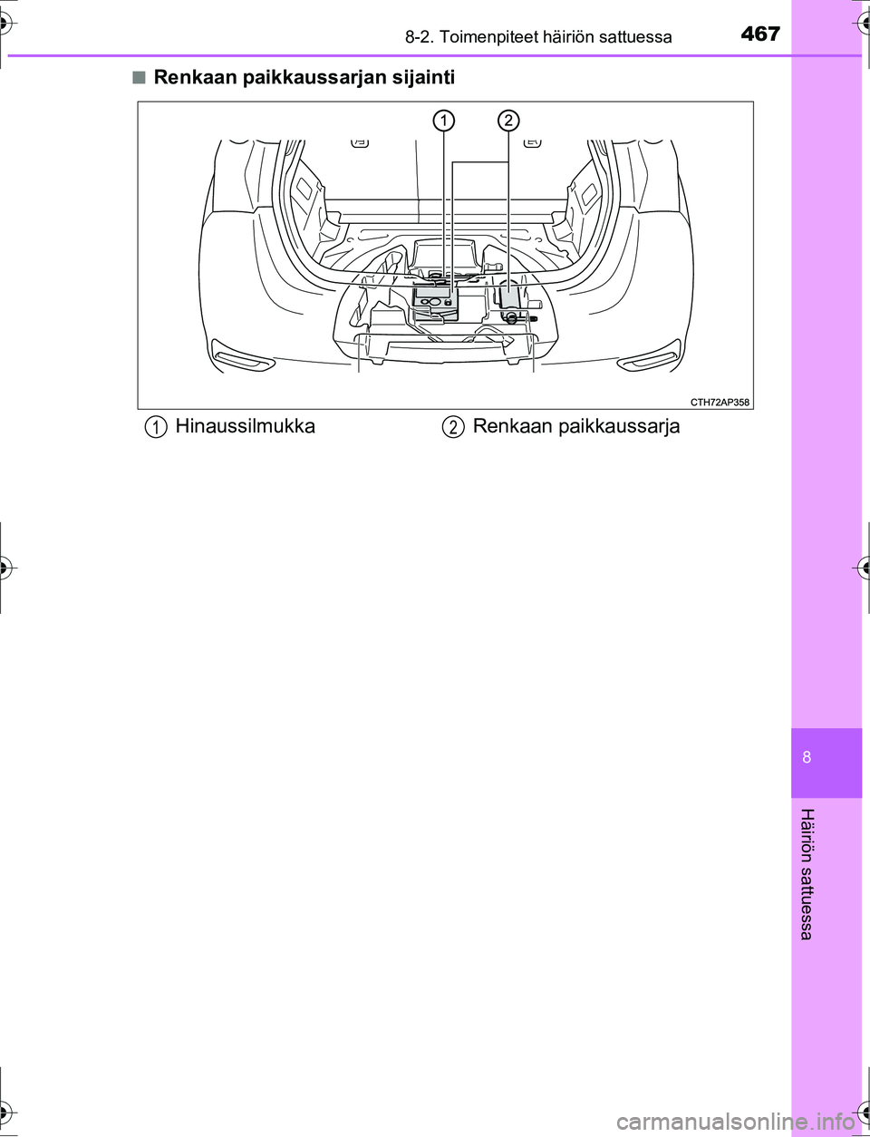 TOYOTA AURIS HYBRID 2016  Omistajan Käsikirja (in Finnish) 4678-2. Toimenpiteet häiriön sattuessa
OM12K47FI
8
Häiriön sattuessa
nRenkaan paikkaussarjan sijainti
HinaussilmukkaRenkaan paikkaussarja12
OM12K47FI.book  Page 467  Thursday, July 14, 2016  10:33