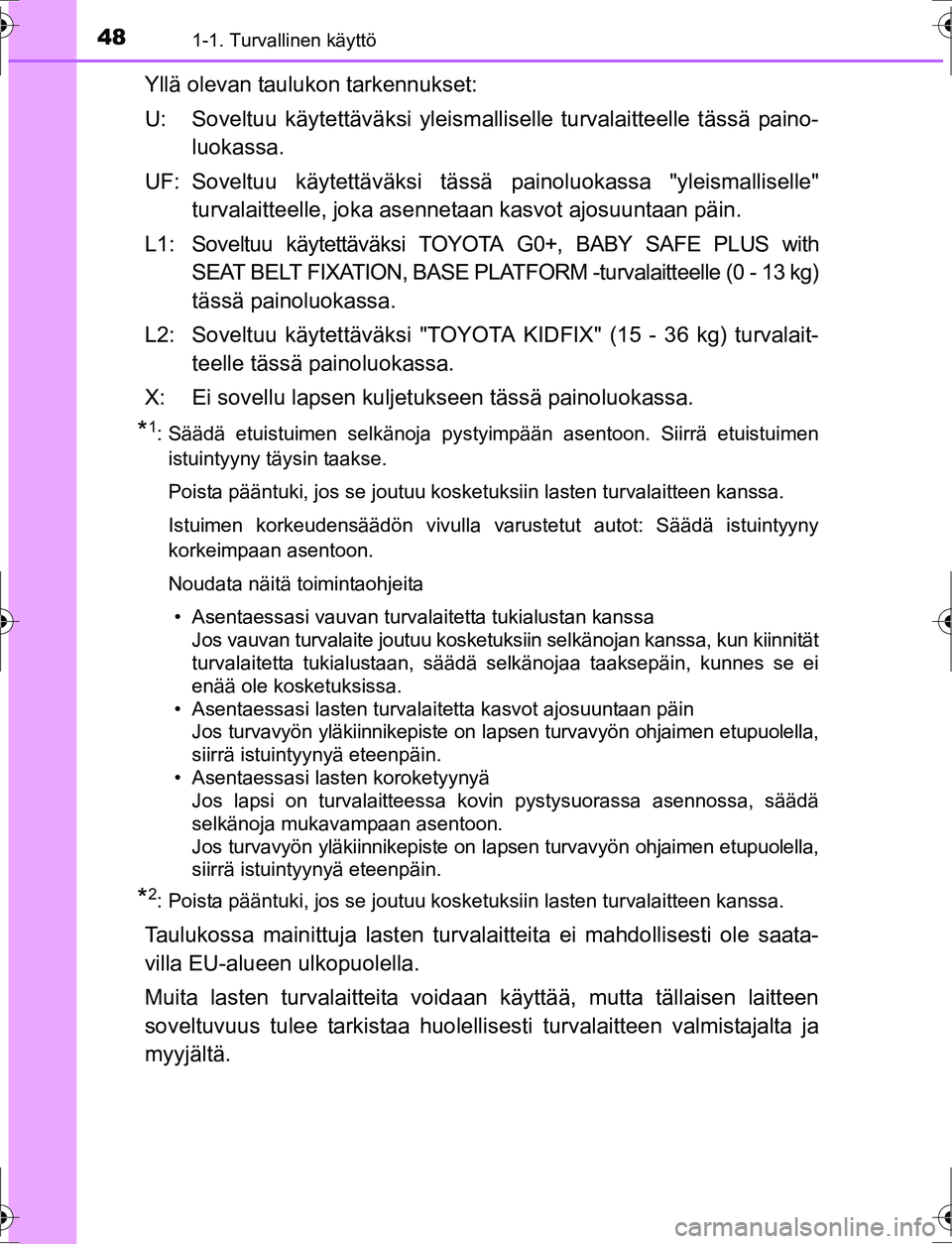 TOYOTA AURIS HYBRID 2016 Omistajan Käsikirja (in Finnish) 481-1. Turvallinen käyttö
OM12K47FI
Yllä olevan taulukon tarkennukset:
U: Soveltuu käytettäväksi yleismalliselle turvalaitteelle tässä paino-
luokassa.
UF: Soveltuu käytettäväksi tässä p TOYOTA AURIS HYBRID 2016 Omistajan Käsikirja (in Finnish) 481-1. Turvallinen käyttö
OM12K47FI
Yllä olevan taulukon tarkennukset:
U: Soveltuu käytettäväksi yleismalliselle turvalaitteelle tässä paino-
luokassa.
UF: Soveltuu käytettäväksi tässä p