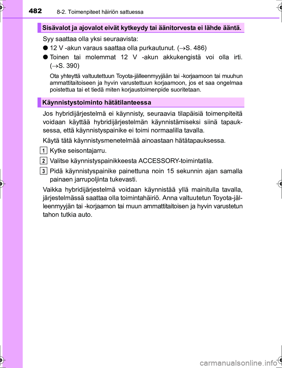 TOYOTA AURIS HYBRID 2016 Omistajan Käsikirja (in Finnish) 4828-2. Toimenpiteet häiriön sattuessa
OM12K47FI
Syy saattaa olla yksi seuraavista:
l12 V -akun varaus saattaa olla purkautunut. ( S. 486)
l Toinen tai molemmat 12 V -akun akkukengistä voi olla TOYOTA AURIS HYBRID 2016 Omistajan Käsikirja (in Finnish) 4828-2. Toimenpiteet häiriön sattuessa
OM12K47FI
Syy saattaa olla yksi seuraavista:
l12 V -akun varaus saattaa olla purkautunut. ( S. 486)
l Toinen tai molemmat 12 V -akun akkukengistä voi olla